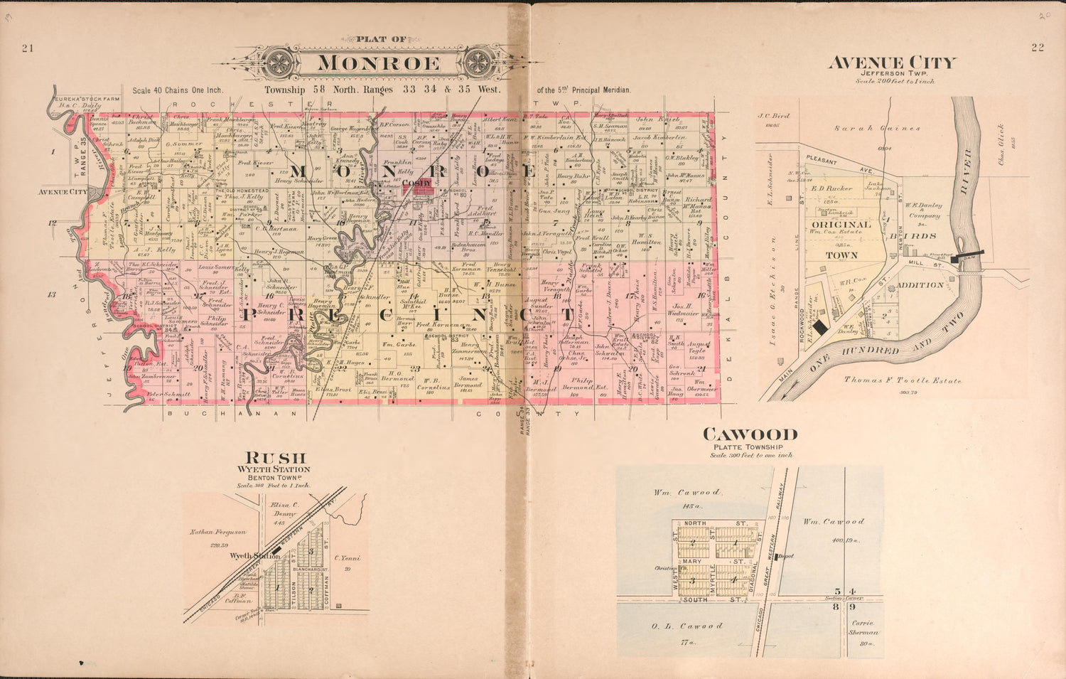 Monroe, Cawood, Rush, Avenue City from Plat Book of Andrew County, Missouri 1909 by Relic Map Company