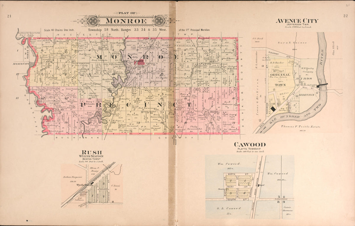 Monroe, Cawood, Rush, Avenue City from Plat Book of Andrew County, Missouri 1909 by Relic Map Company