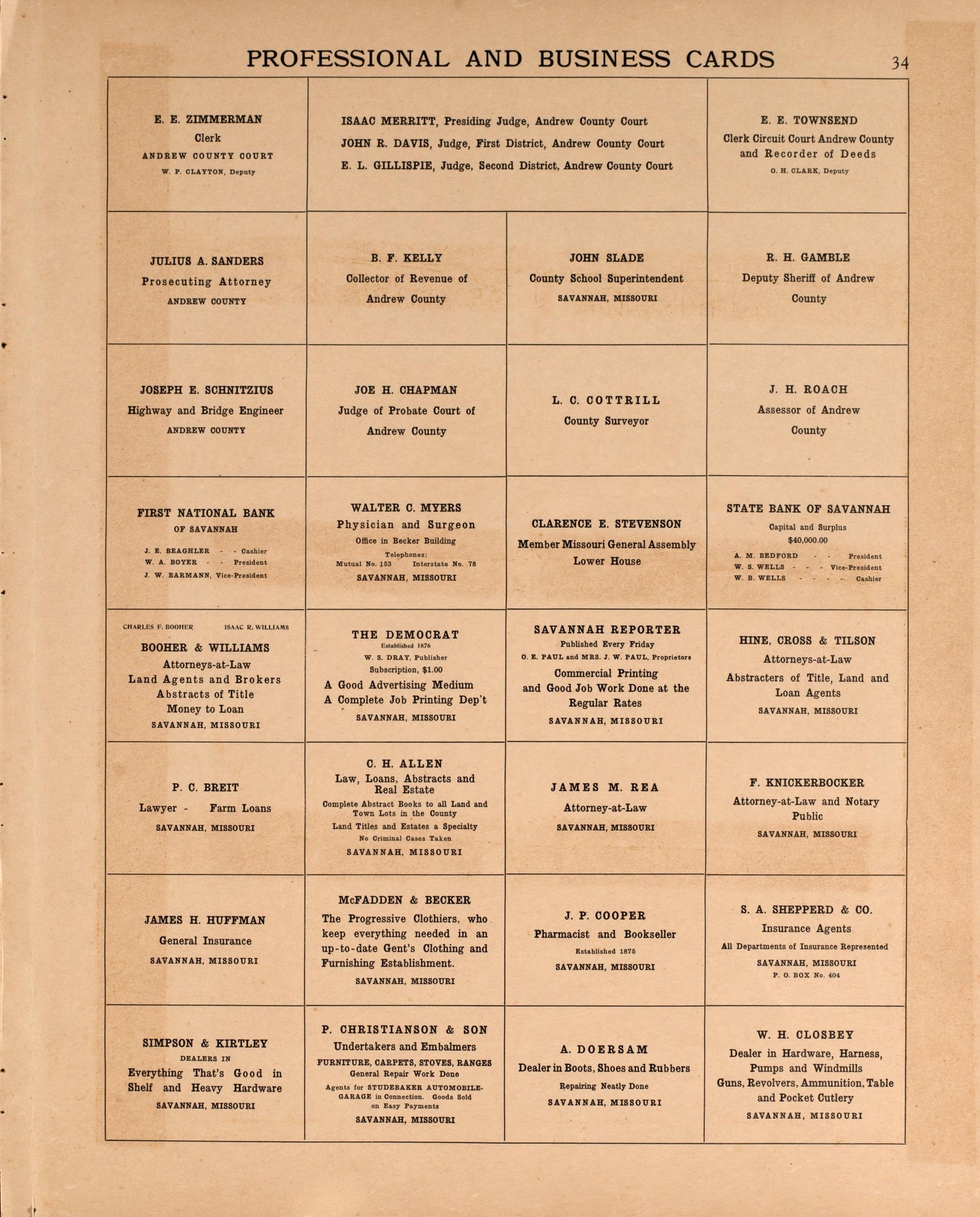 Professional and Business Cards from Plat Book of Andrew County, Missouri 1909 by Relic Map Company
