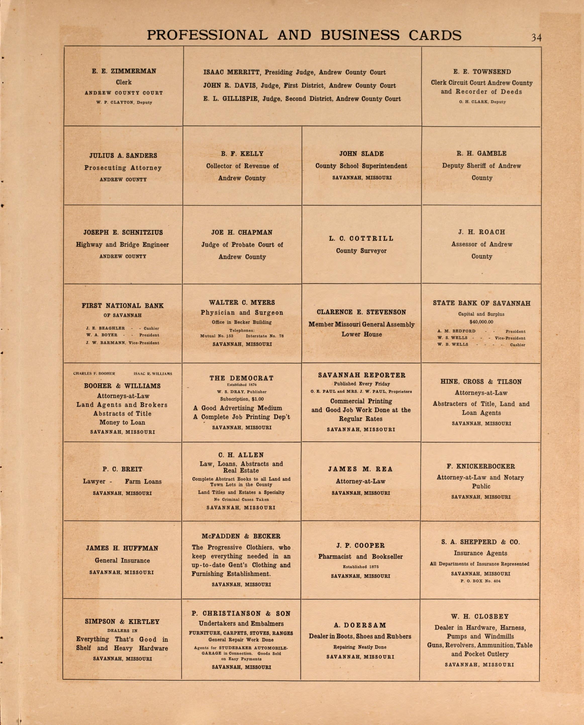 Professional and Business Cards from Plat Book of Andrew County, Missouri 1909 by Relic Map Company