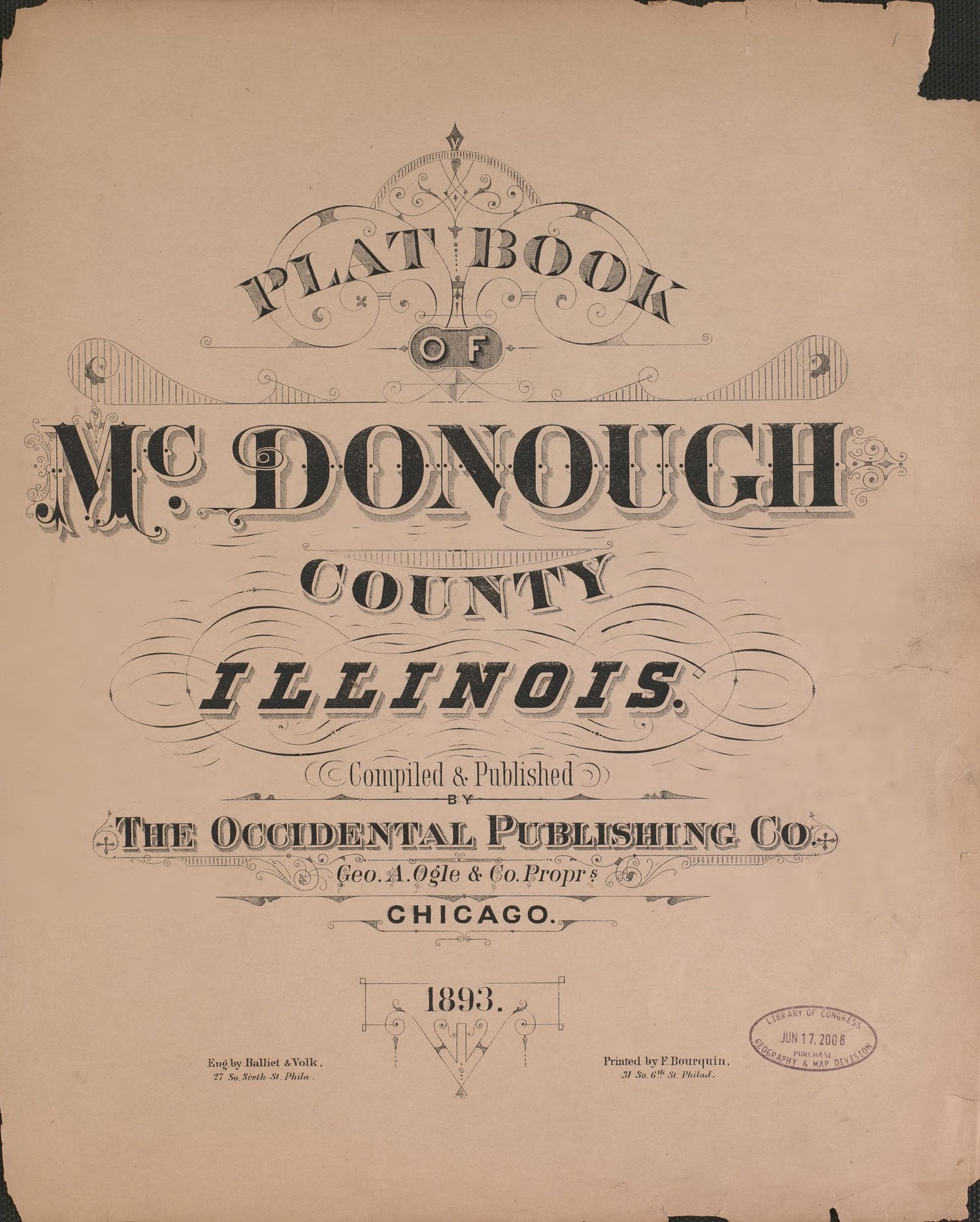 This old map of Illinois, McDonough County,  was created by Balliet &amp; Volk|Bourquin, F. (Frederick)|Geo. A. Ogle &amp; Co|Occidental Publishing Company in 1893