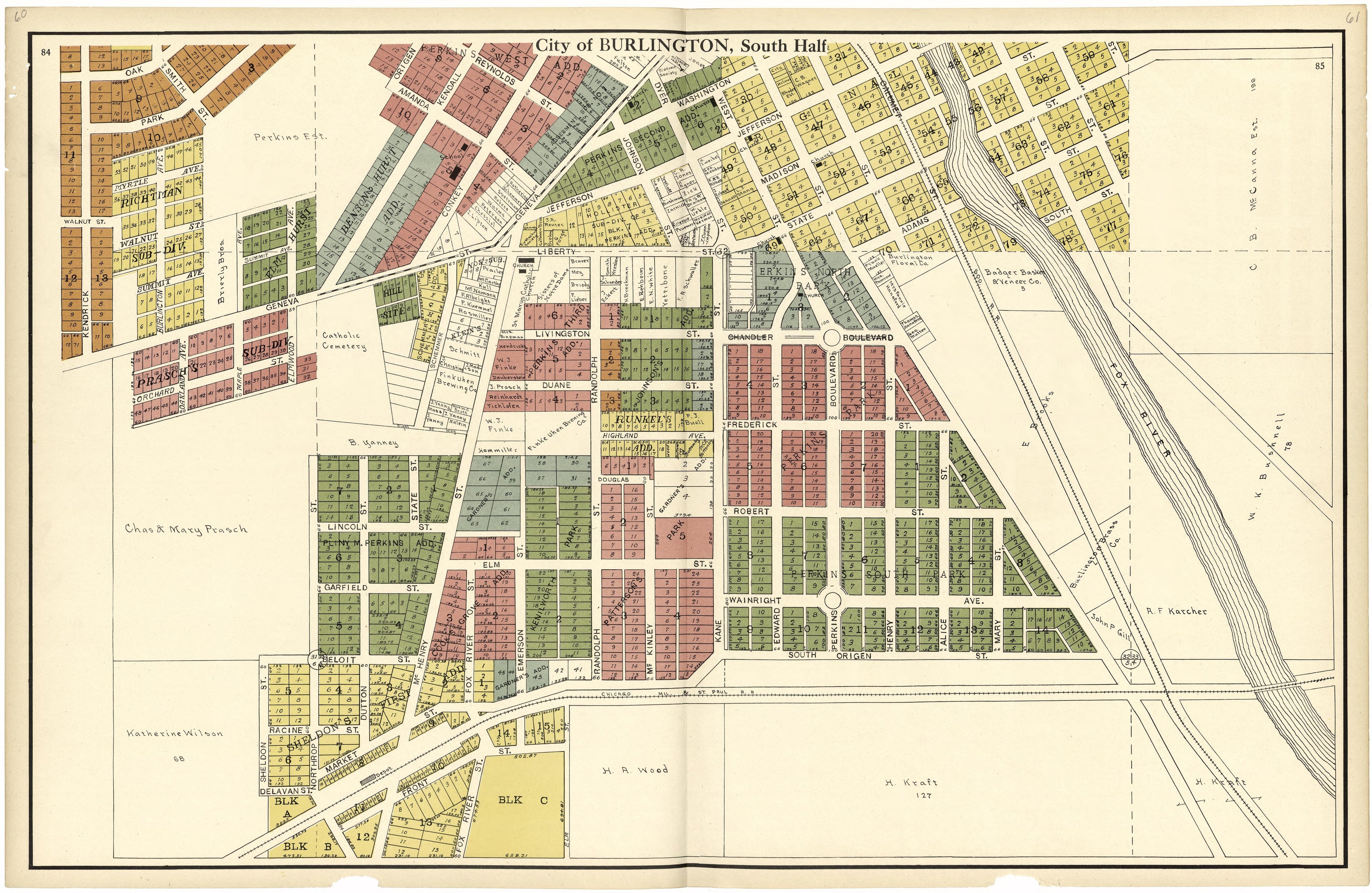 City of Burlington, South Half from Plat Book of Racine and Kenosha Counties, Wisconsin 1924 by Relic Map Company