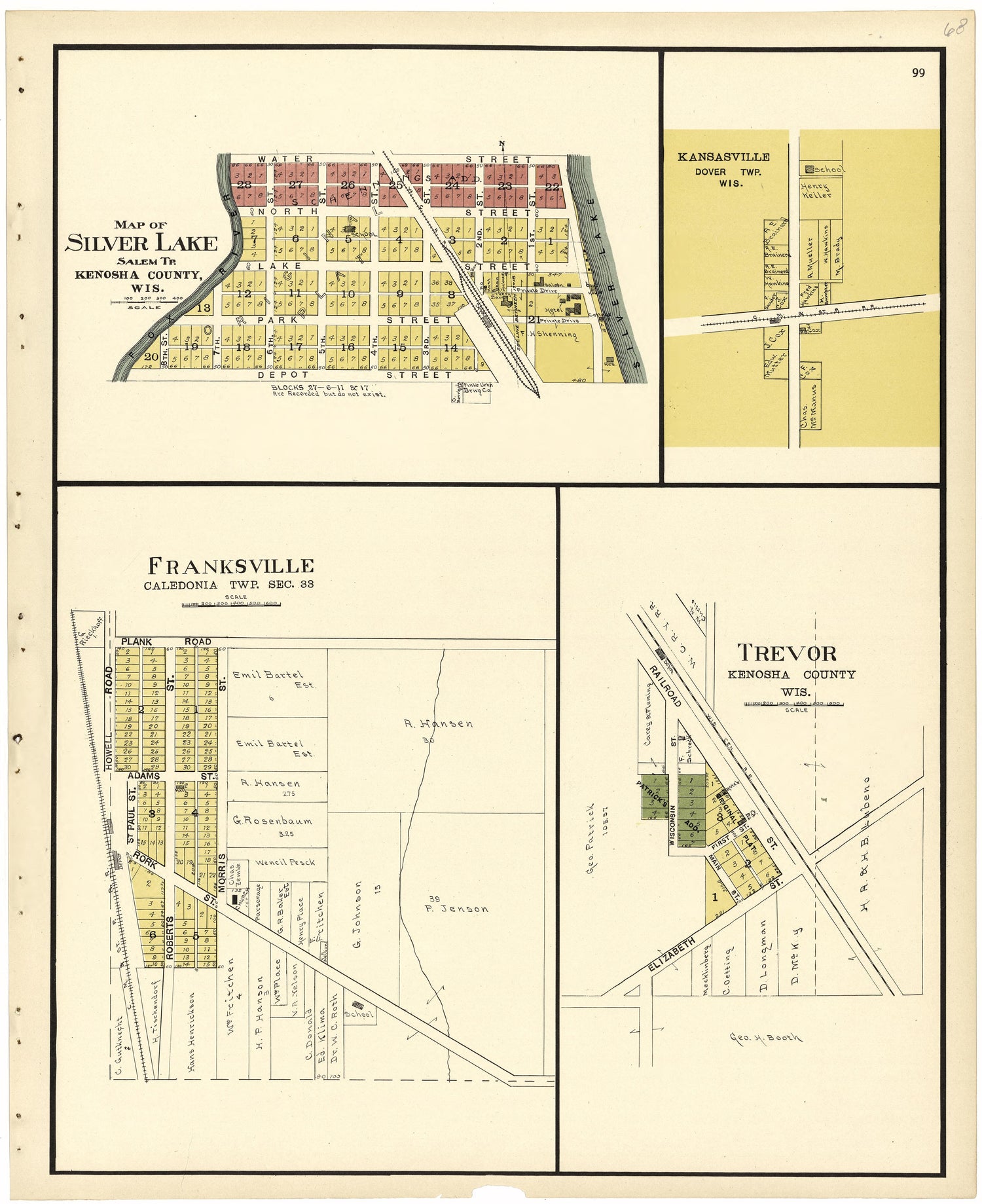 Map of Silver Lake; Franksville; Trevor from Plat Book of Racine and Kenosha Counties, Wisconsin 1924 by Relic Map Company