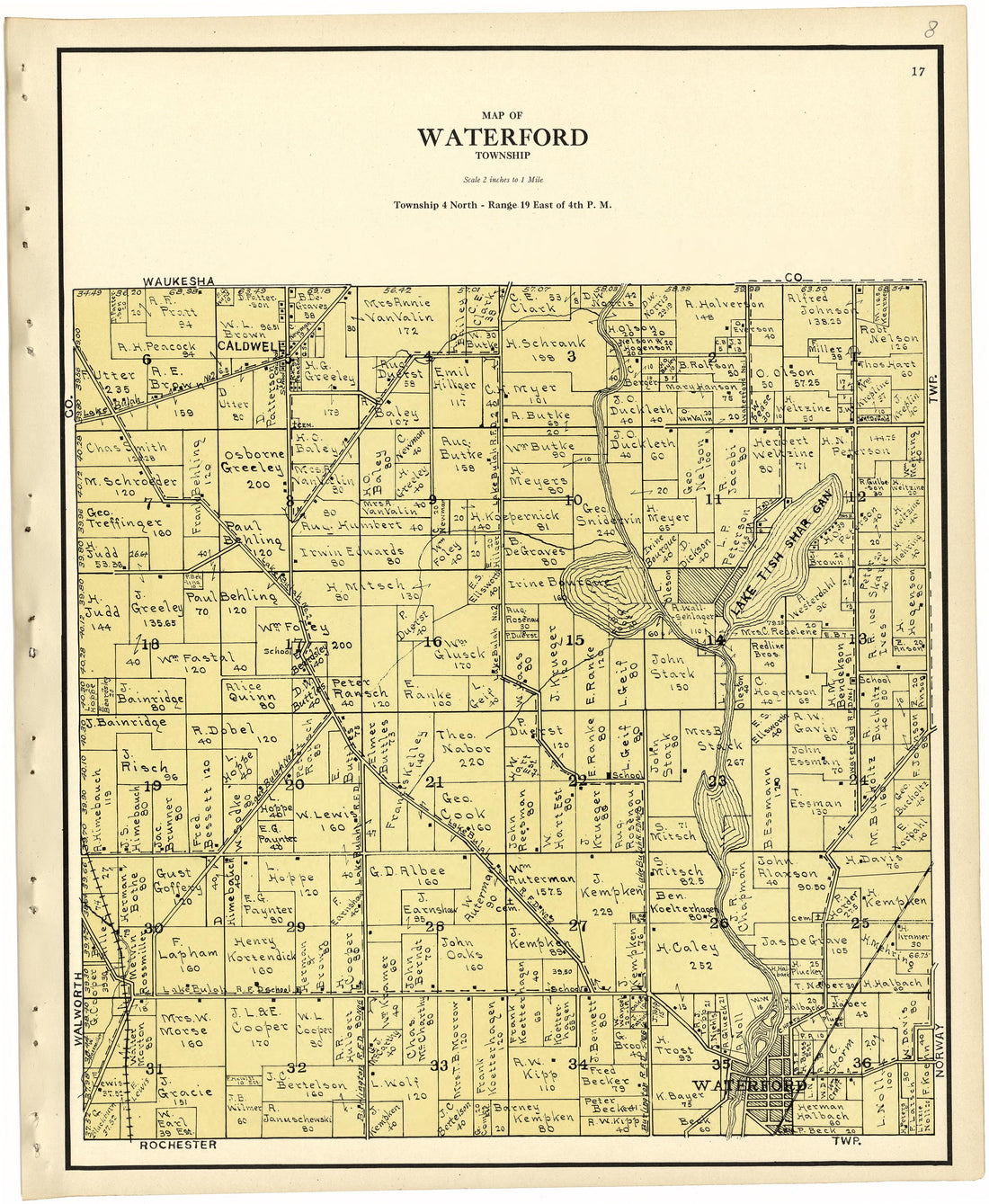 Map of Waterford Township from Plat Book of Racine and Kenosha Counties, Wisconsin 1924 by Relic Map Company
