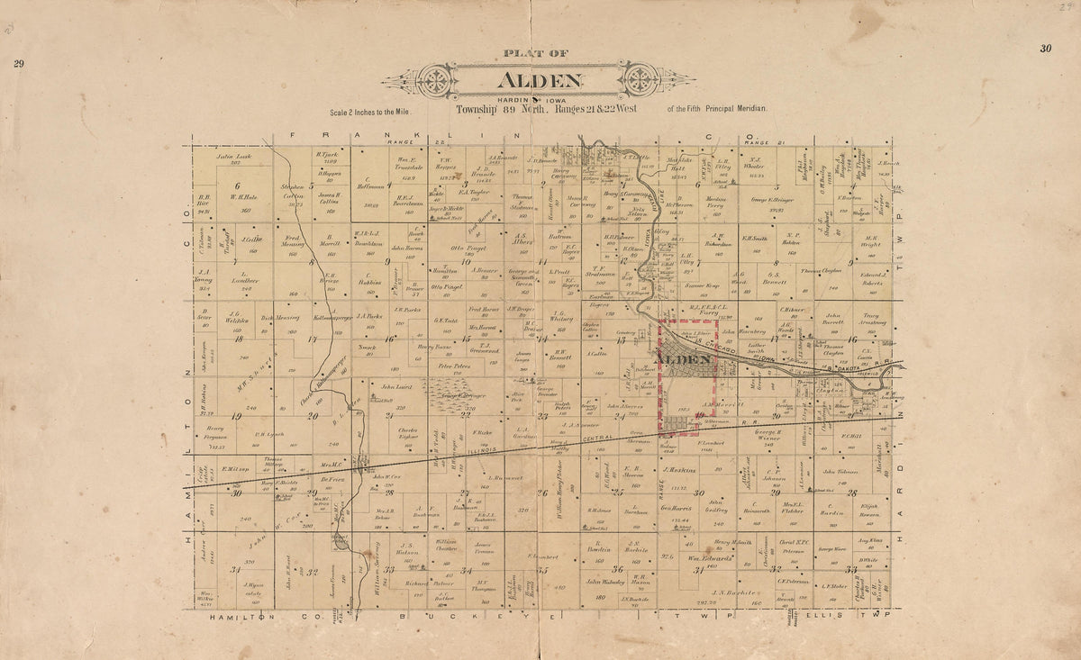 Plat of Alden from Plat Book of Hardin County, Iowa : Drawn from Actual Surveys &amp; County Records 1892 by Relic Map Company