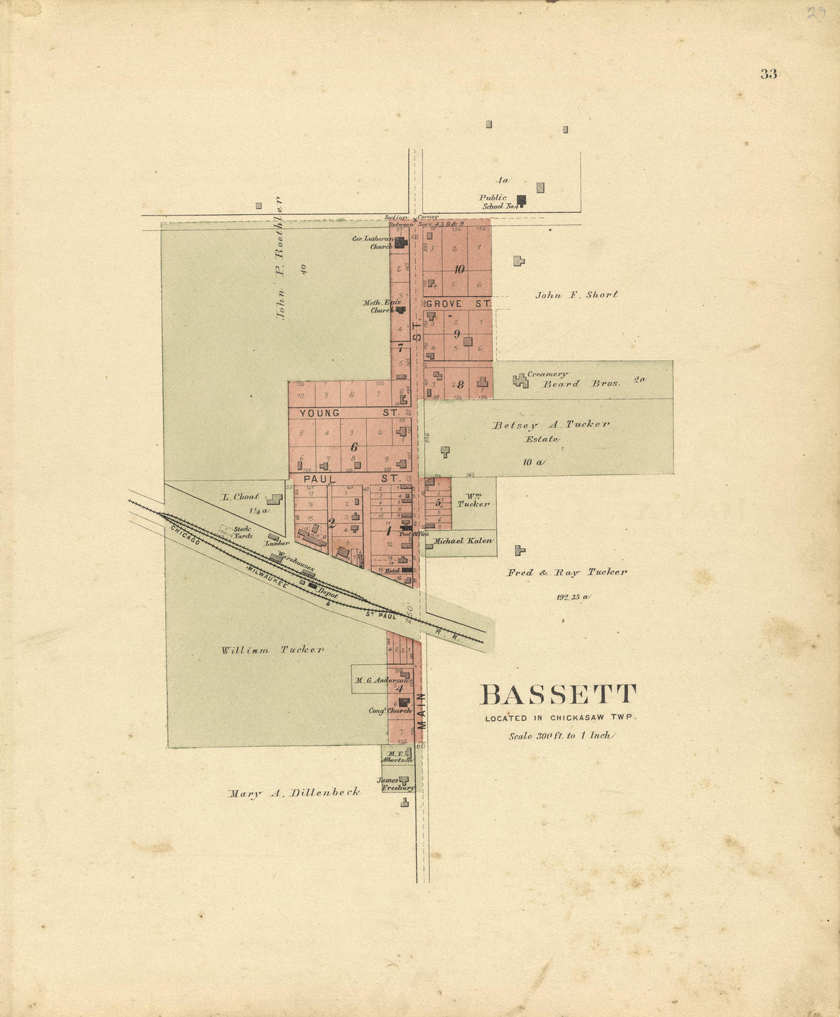 Bassett Located In Chickasaw TWP. from Plat Book of Chickasaw County, Iowa : Drawn from Actual Surveys &amp; County Records 1892 by Relic Map Company