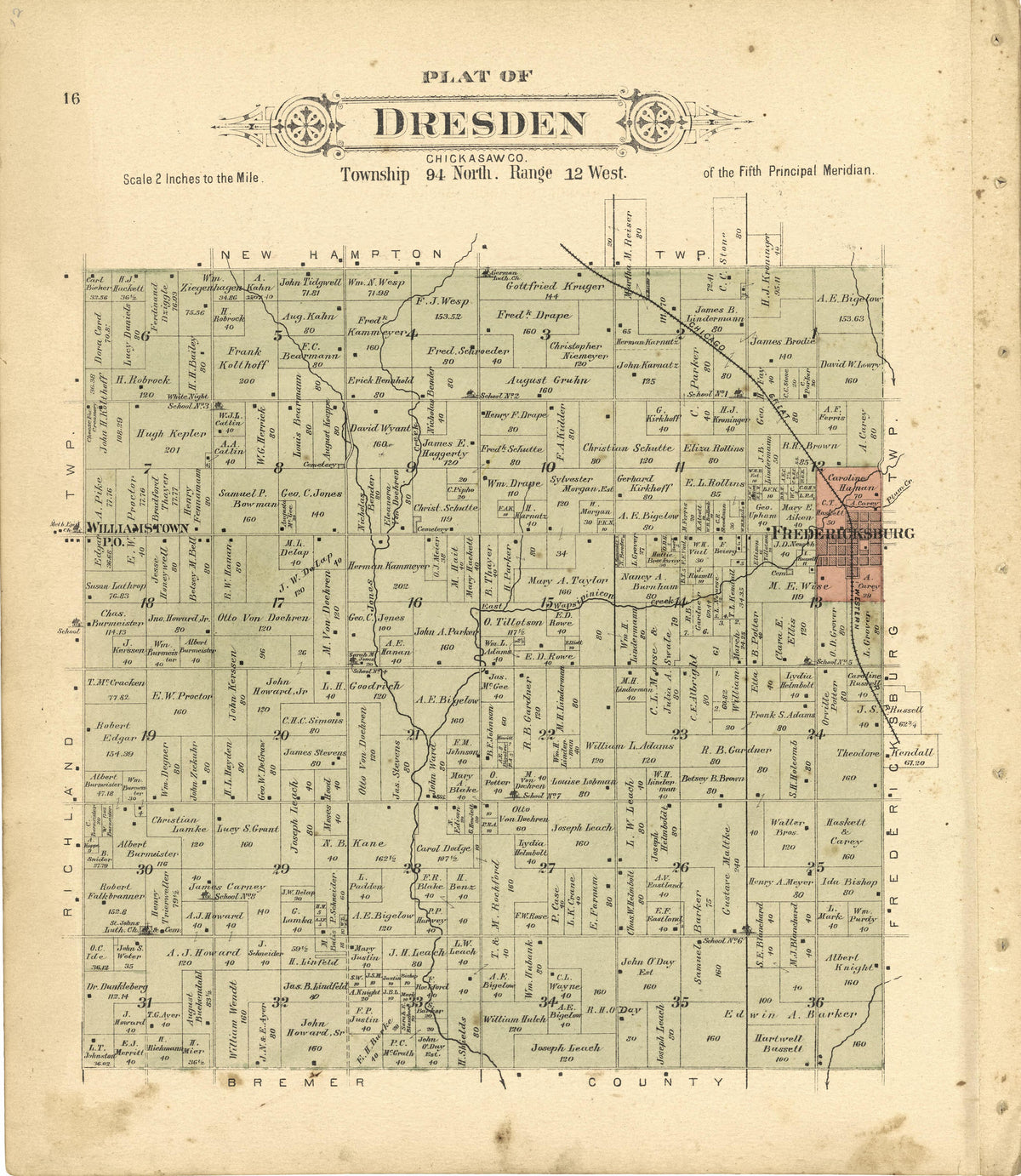 Plat of Dresden from Plat Book of Chickasaw County, Iowa : Drawn from Actual Surveys &amp; County Records 1892 by Relic Map Company
