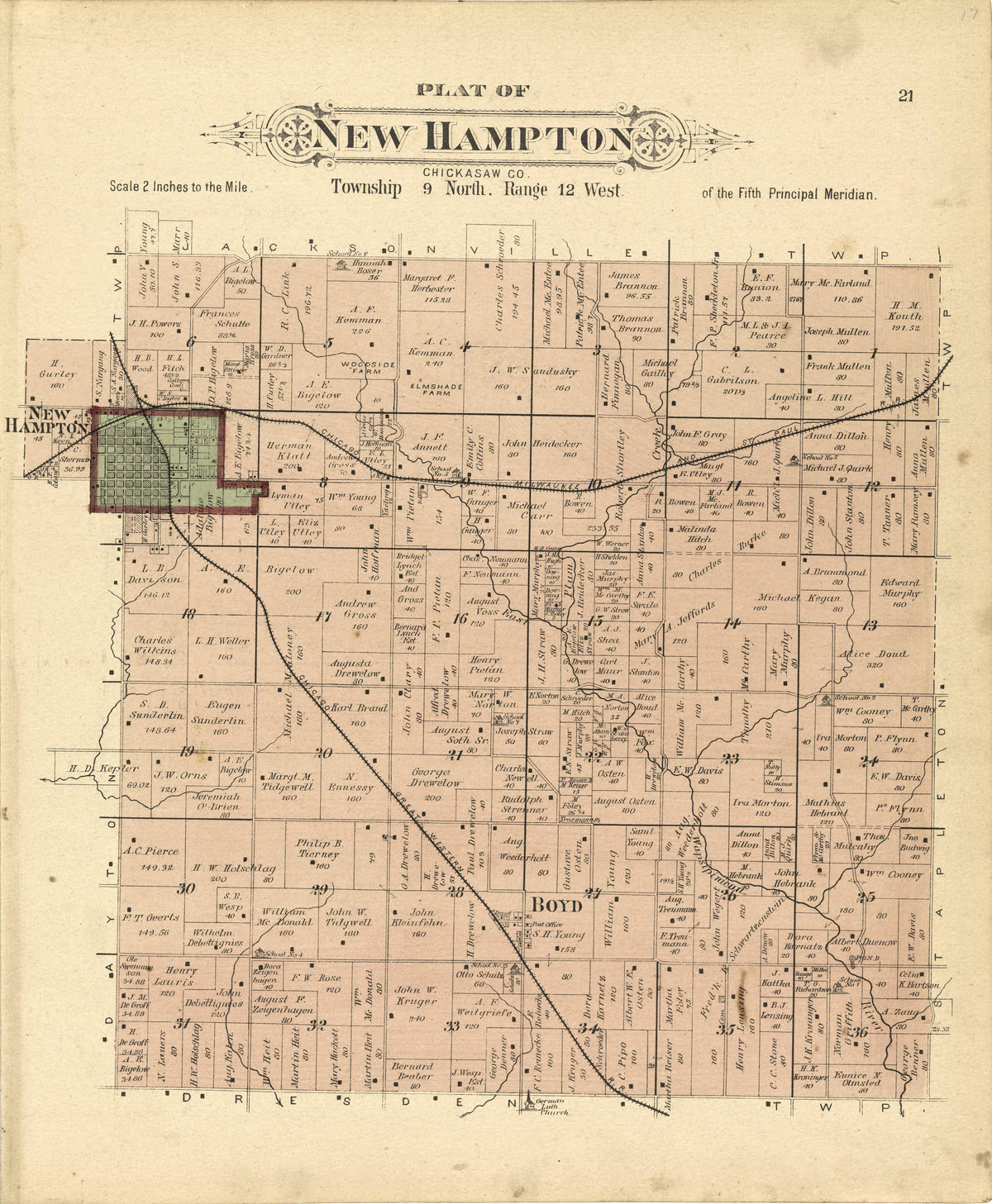 Plat of New Hampton from Plat Book of Chickasaw County, Iowa : Drawn from Actual Surveys &amp; County Records 1892 by Relic Map Company