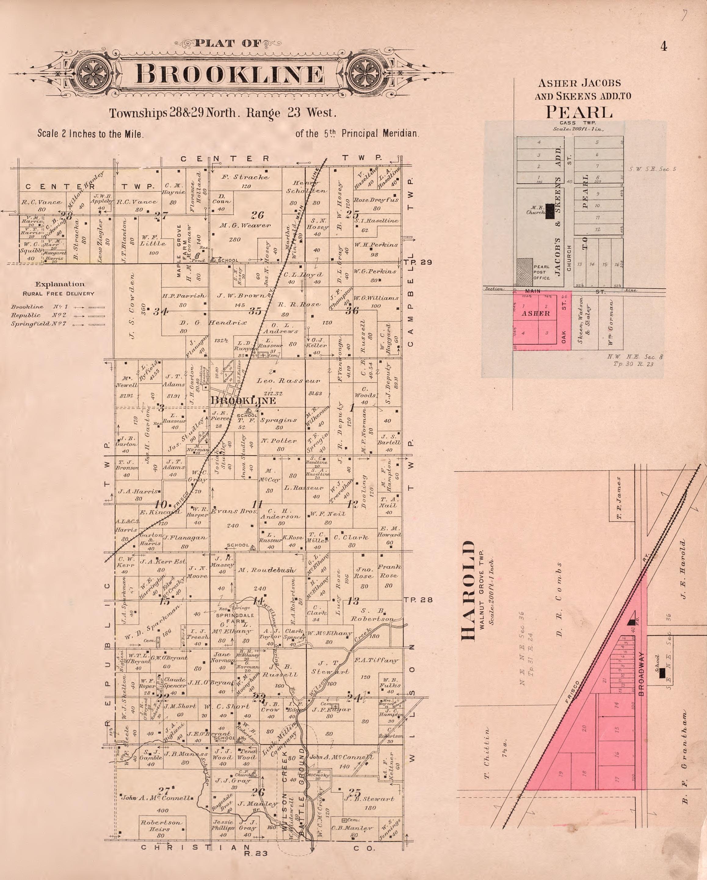 Brookline &amp; Harold from Plat Book of Greene County, Missouri : Compiled from County Records and Actual Surveys 1904 by Relic Map Company
