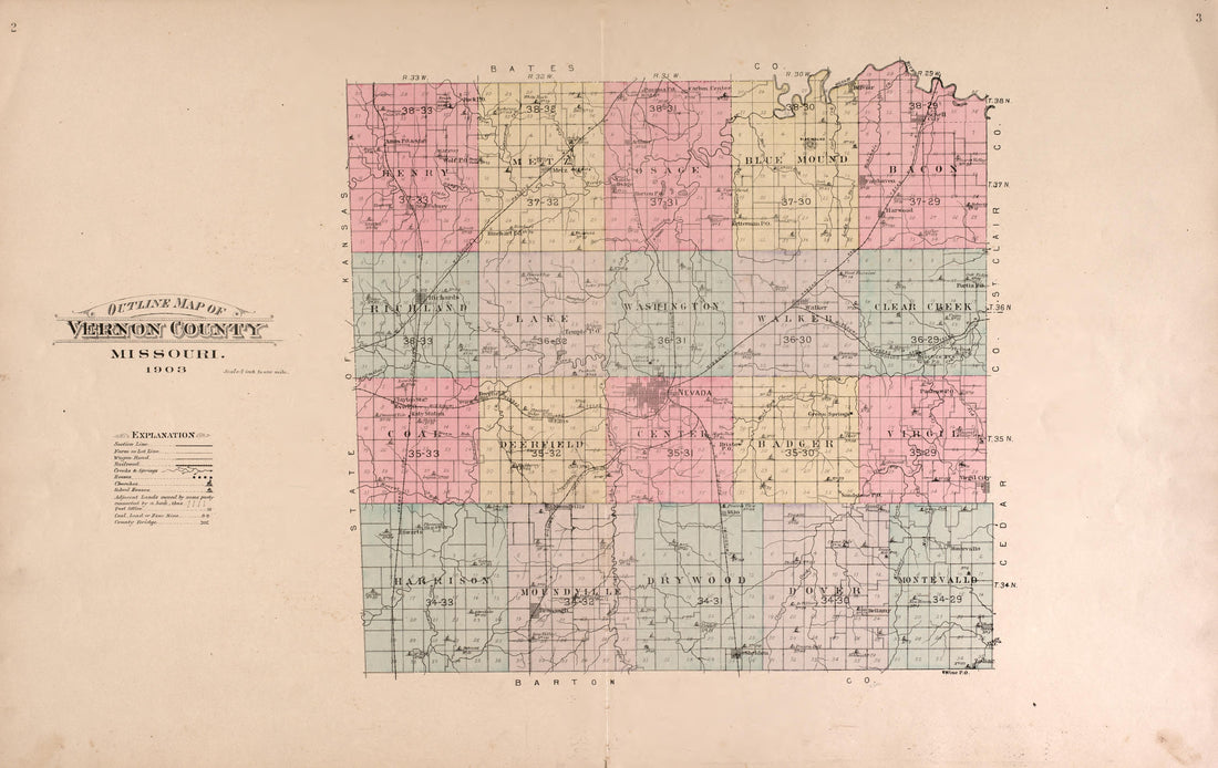 Outline Map of Vernon County from Plat Book of Vernon County, Missouri : Compiled from County Records and Actual Surveys 1903 by Relic Map Company