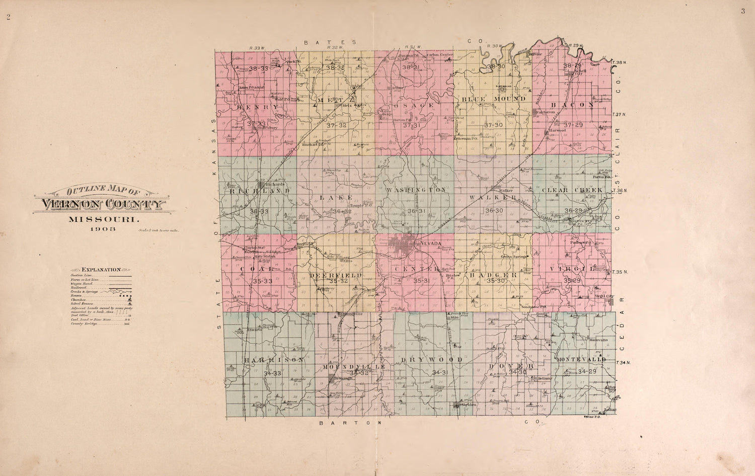 Outline Map of Vernon County from Plat Book of Vernon County, Missouri : Compiled from County Records and Actual Surveys 1903 by Relic Map Company