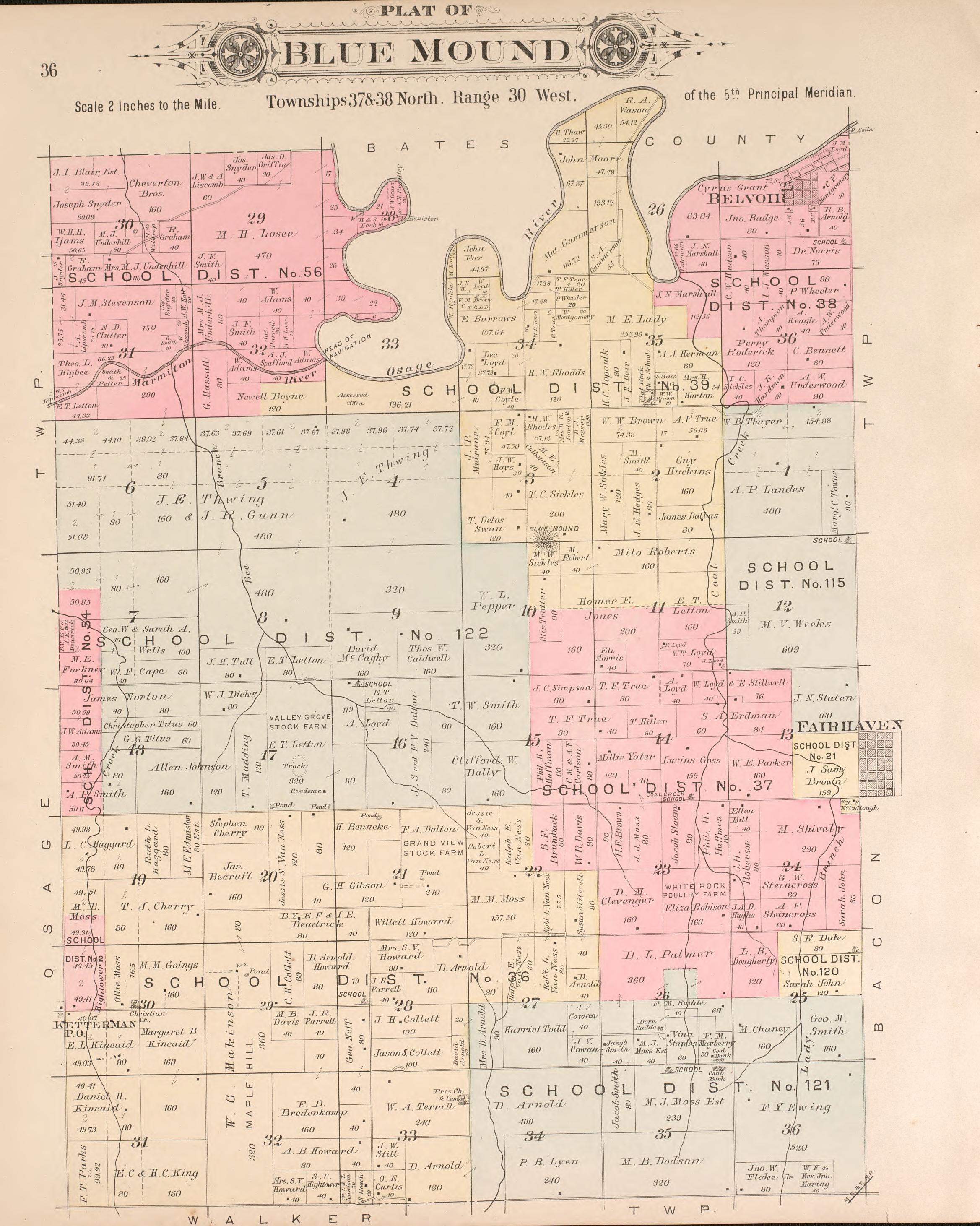 Blue Mound from Plat Book of Vernon County, Missouri : Compiled from County Records and Actual Surveys 1903 by Relic Map Company