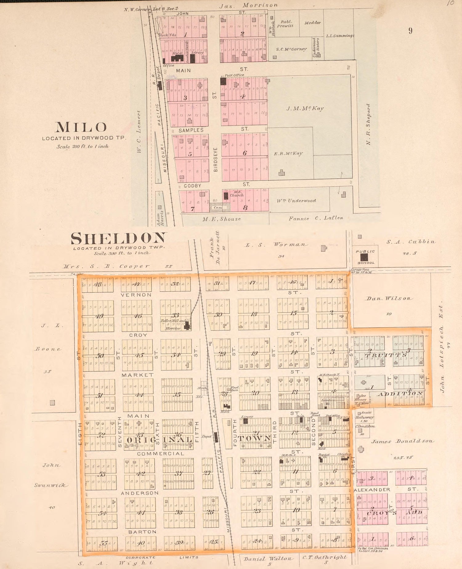 Milo and Sheldon from Plat Book of Vernon County, Missouri : Compiled from County Records and Actual Surveys 1903 by Relic Map Company