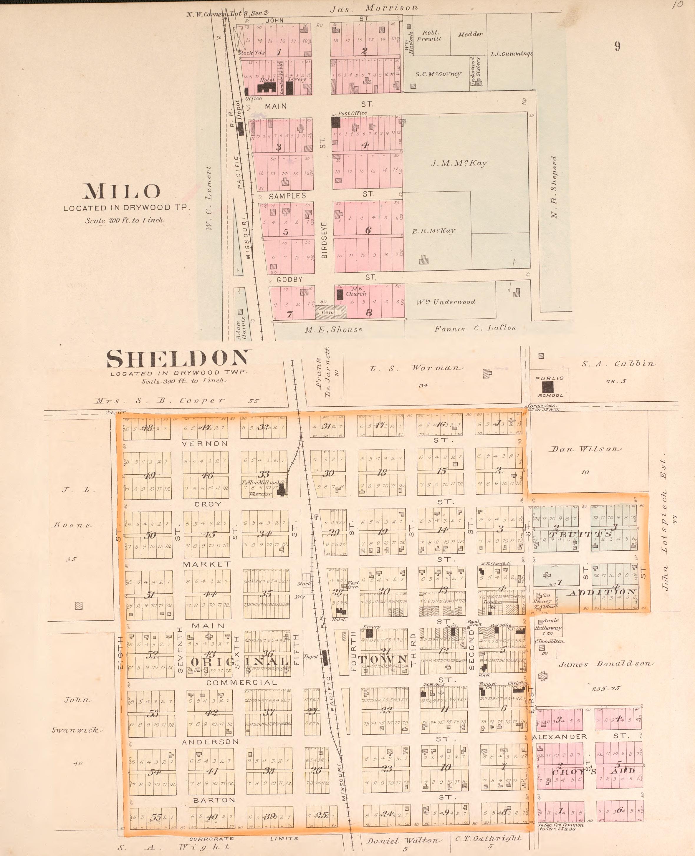 Milo and Sheldon from Plat Book of Vernon County, Missouri : Compiled from County Records and Actual Surveys 1903 by Relic Map Company
