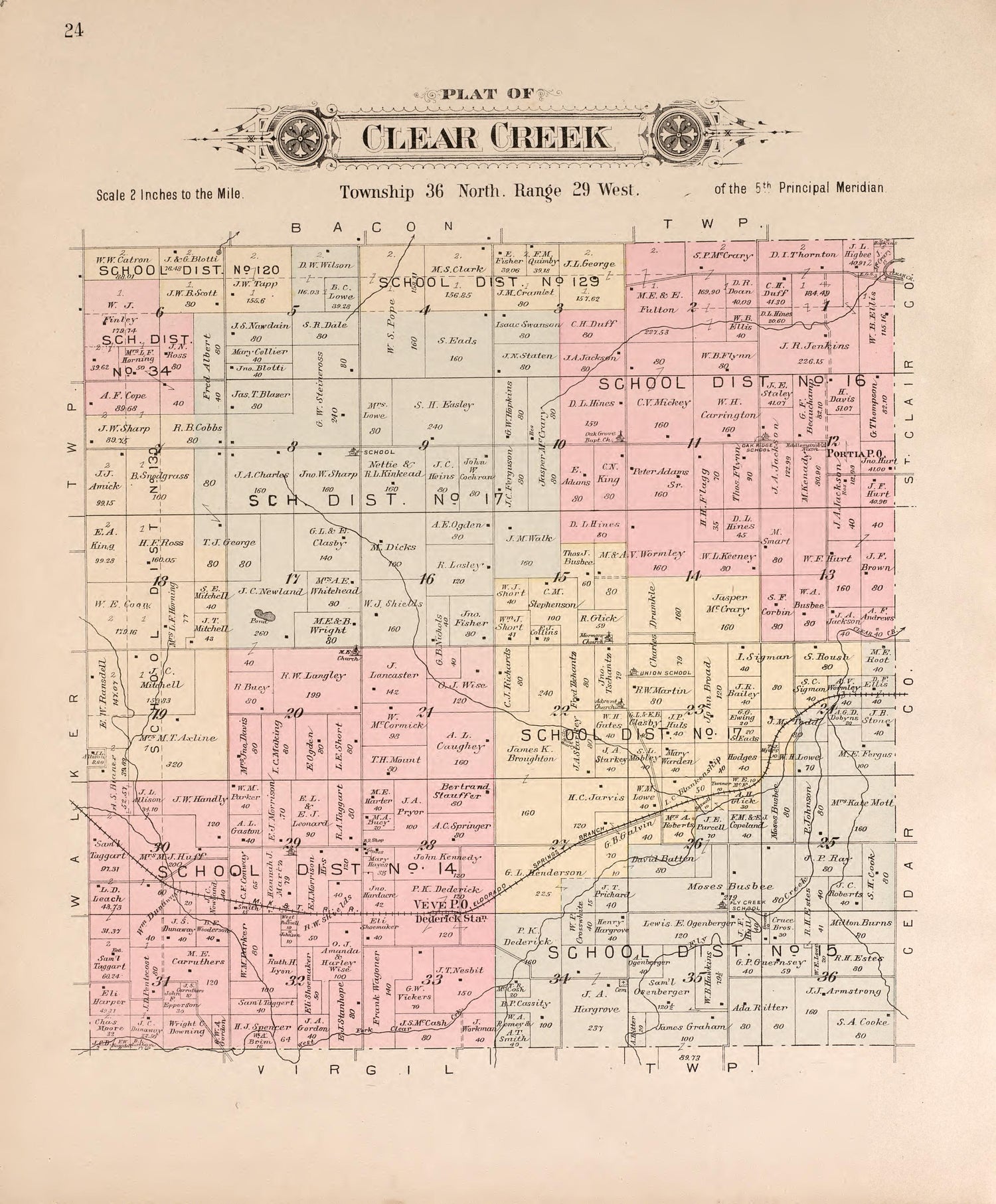 Clear Creek from Plat Book of Vernon County, Missouri : Compiled from County Records and Actual Surveys 1903 by Relic Map Company