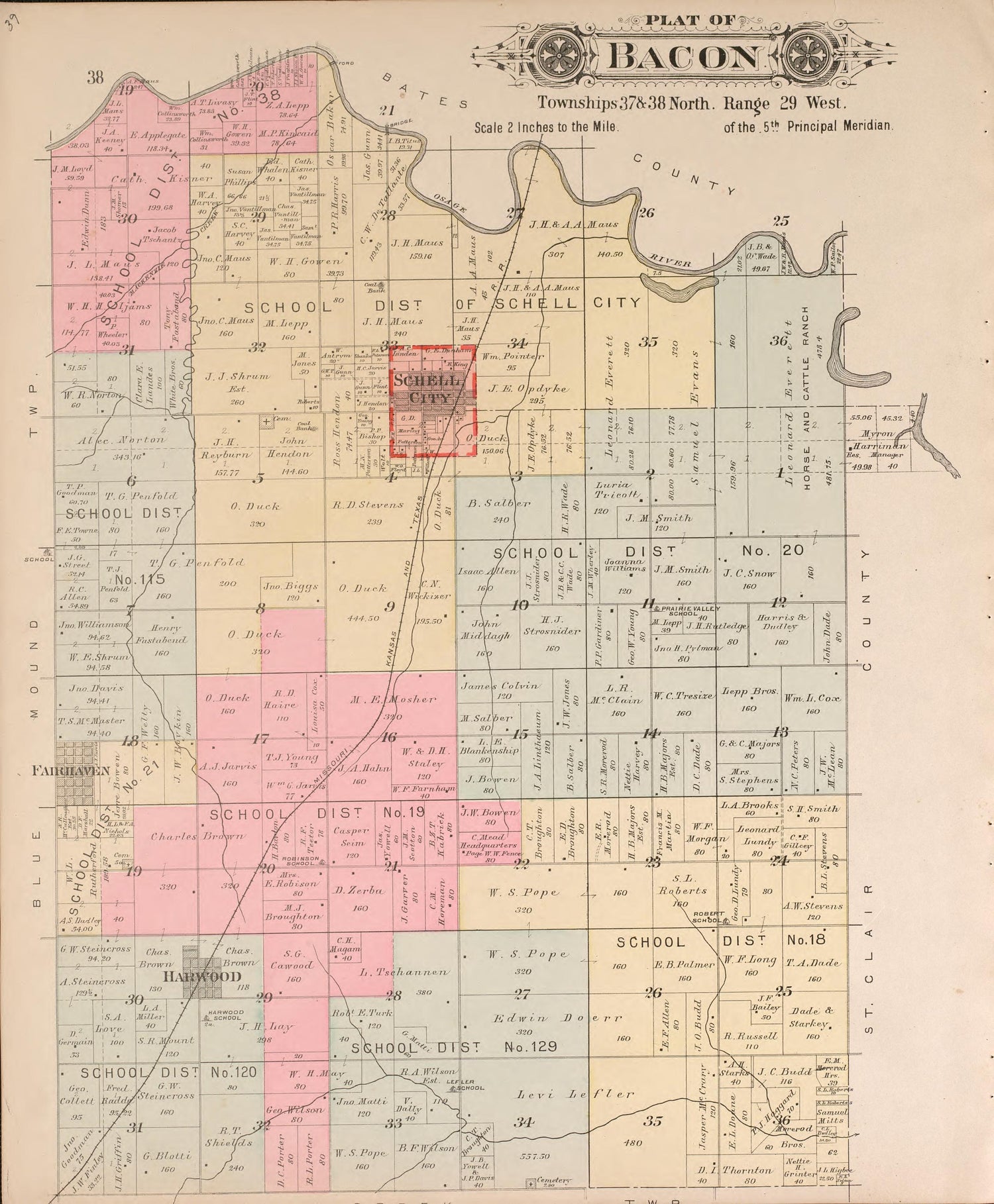 Bacon from Plat Book of Vernon County, Missouri : Compiled from County Records and Actual Surveys 1903 by Relic Map Company