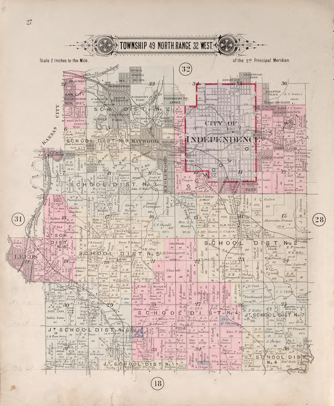 Township 49 North Range 32 West from Plat Book of Jackson County, Missouri : Compiled from County Records and Actual Surveys 1904 by Relic Map Company