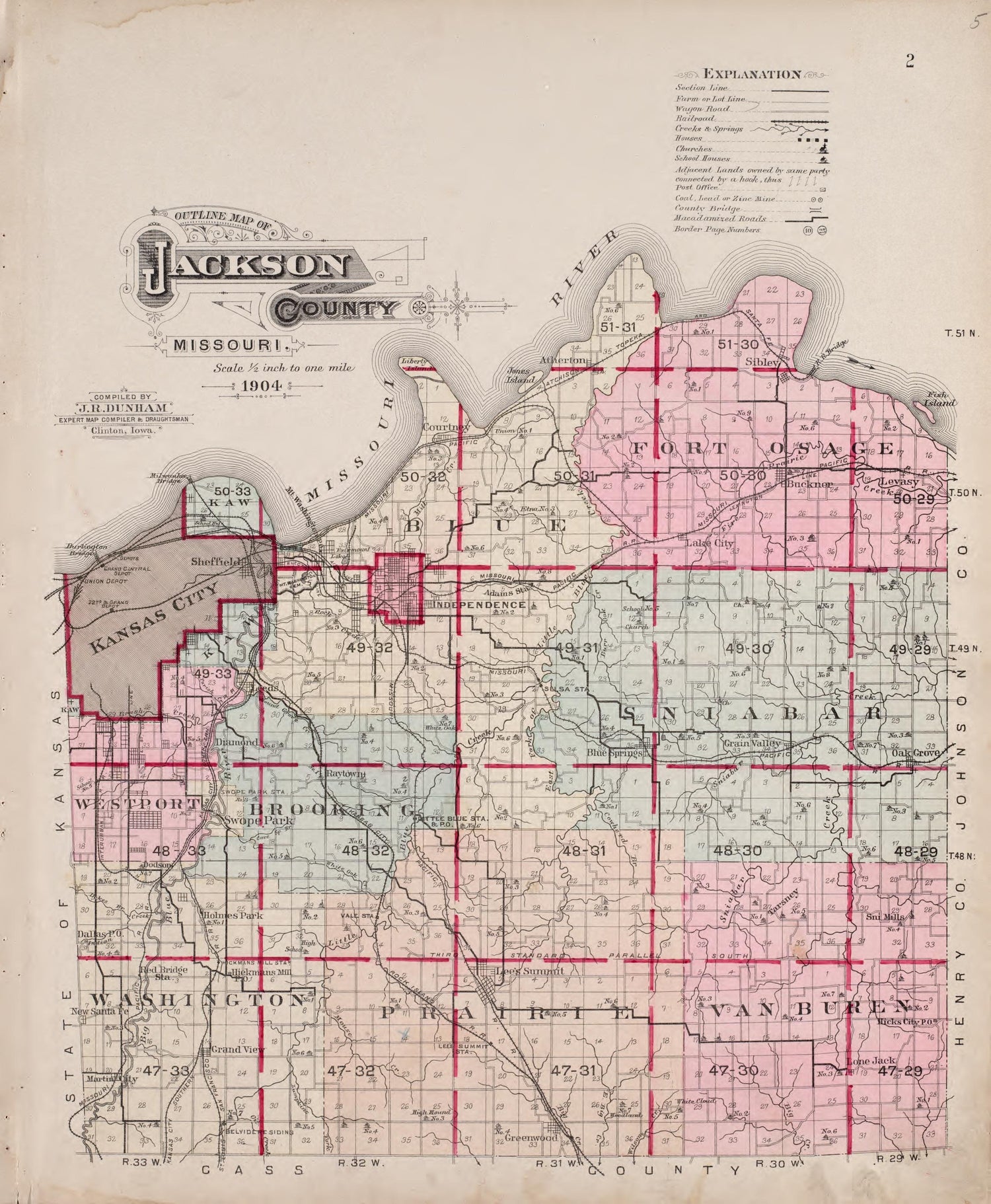 Outline Map of Jackson County - Color from Plat Book of Jackson County, Missouri : Compiled from County Records and Actual Surveys 1904 by Relic Map Company