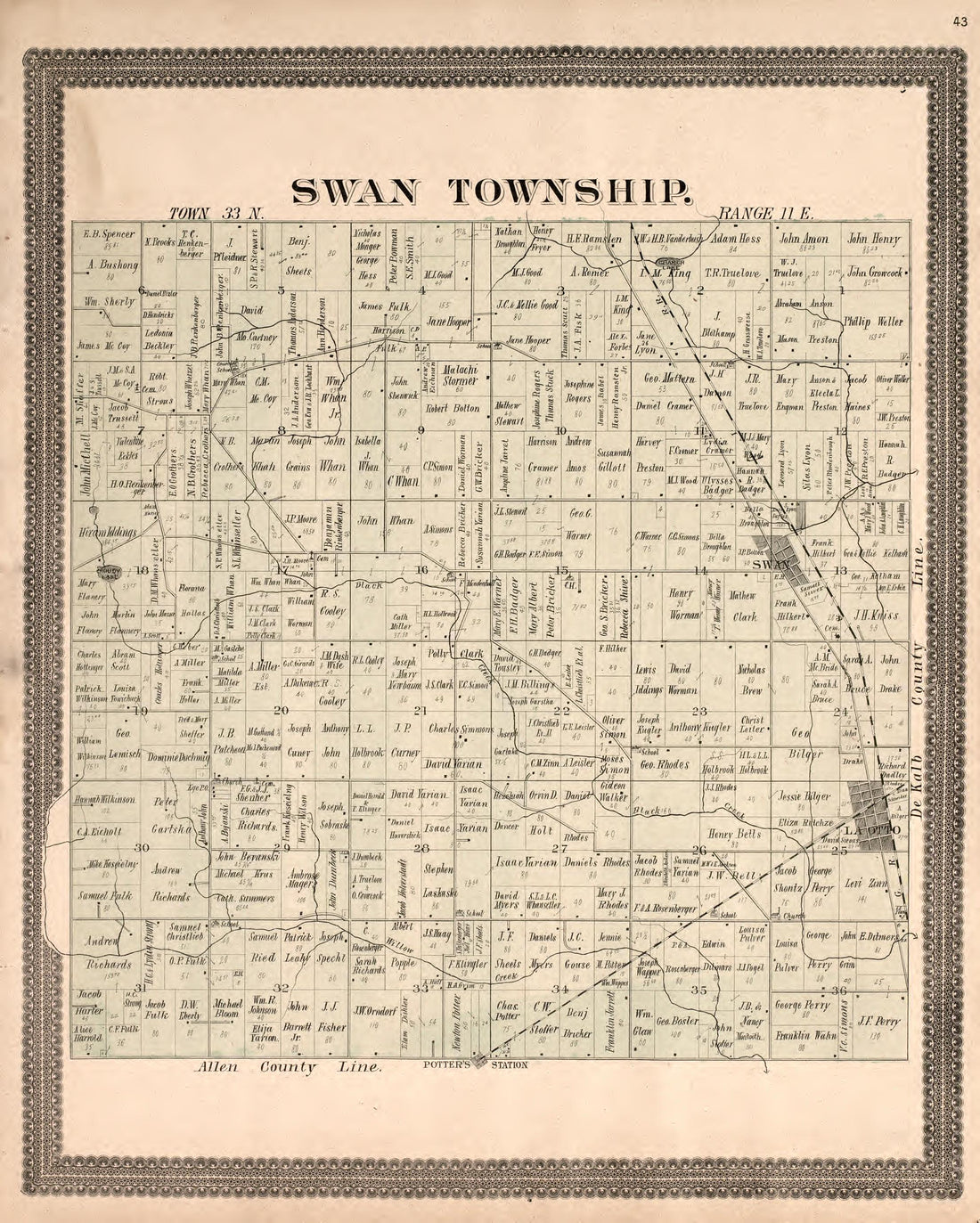 Swan Township from Plat Book and Statistical Record of Noble County, Indiana : Containing a Brief History of the County, Townships, Cities and Larger Towns, Together With a Large Map of Indiana and Outline Map … 1893 by Relic Map Company