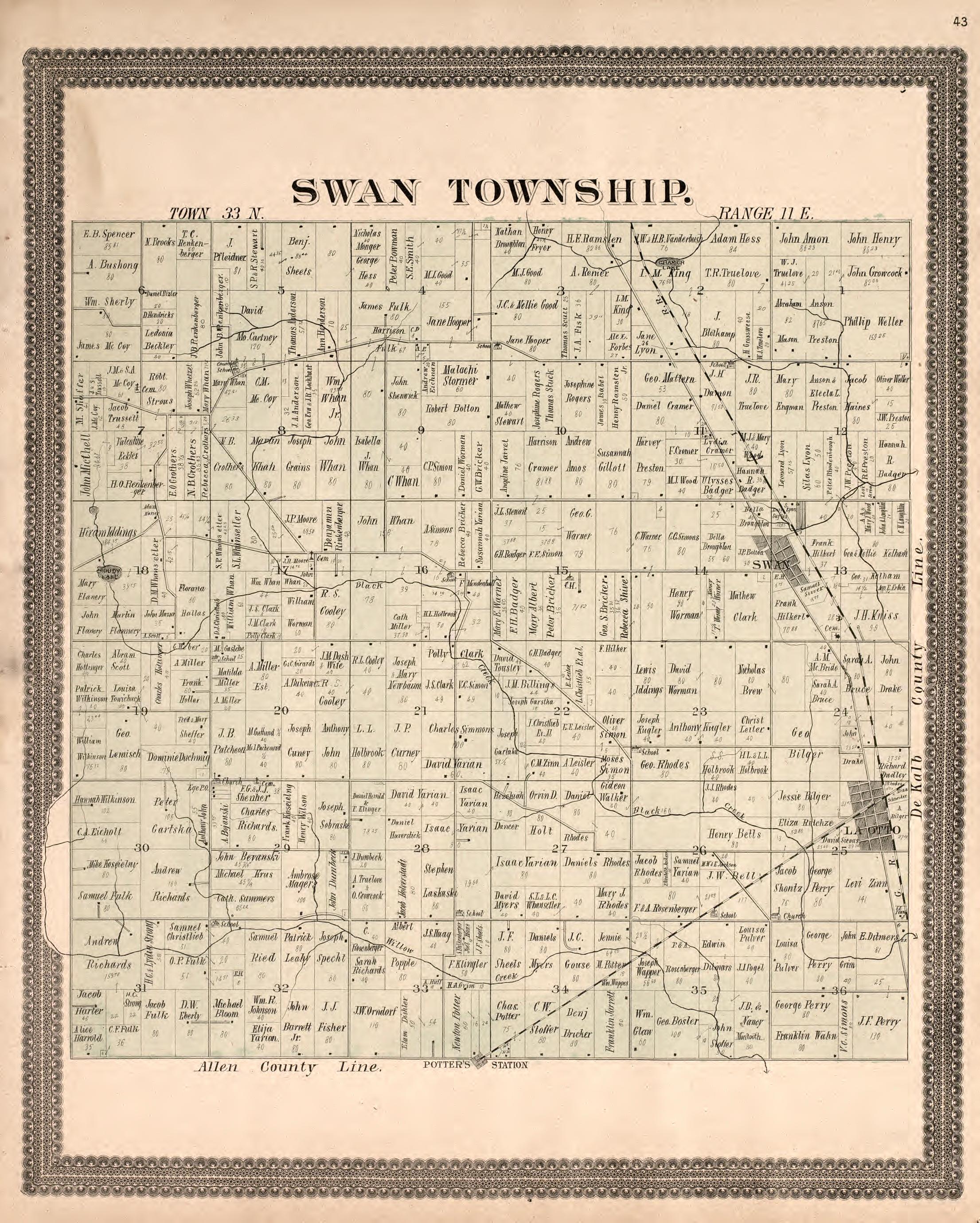 Swan Township from Plat Book and Statistical Record of Noble County, Indiana : Containing a Brief History of the County, Townships, Cities and Larger Towns, Together With a Large Map of Indiana and Outline Map … 1893 by Relic Map Company