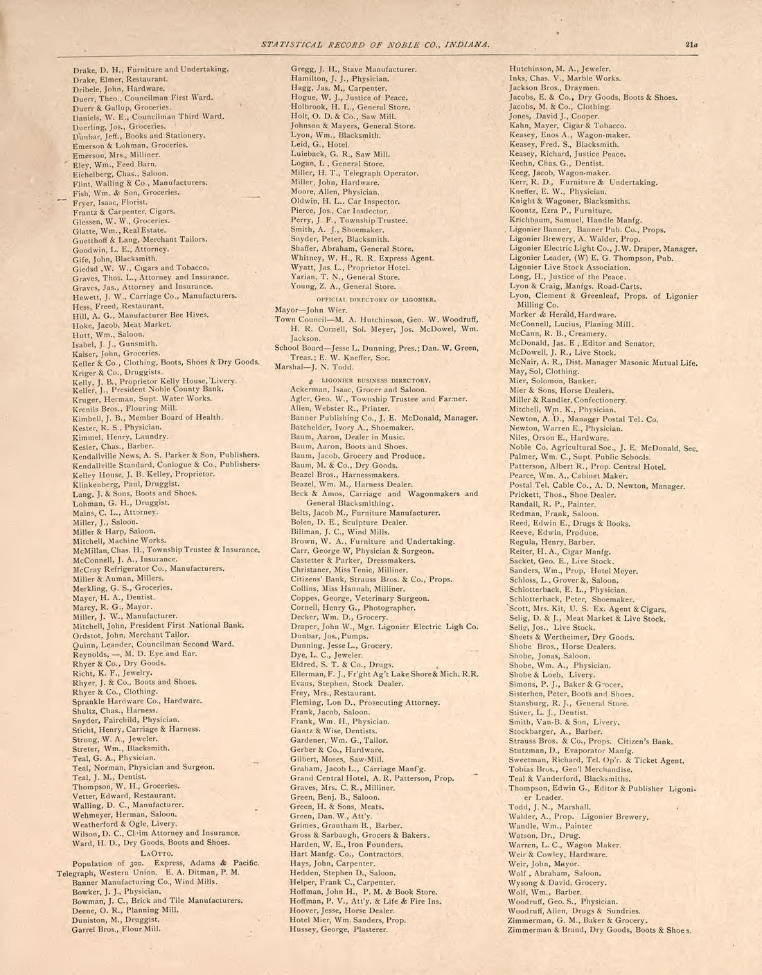 Statistical Record from Plat Book and Statistical Record of Noble County, Indiana : Containing a Brief History of the County, Townships, Cities and Larger Towns, Together With a Large Map of Indiana and Outline Map … 1893 by Relic Map Company