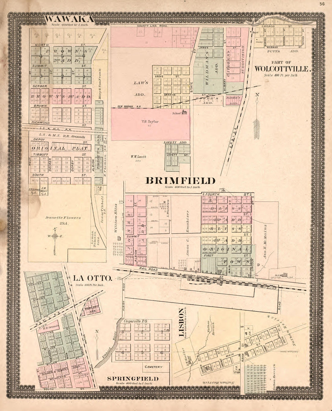 Wawaca, Wolcottville, Brimfield, La Otto, Lisbon, &amp; Springfield from Plat Book and Statistical Record of Noble County, Indiana : Containing a Brief History of the County, Townships, Cities and Larger Towns, Together With a Large Map of Indiana and Out... by Relic Map Company