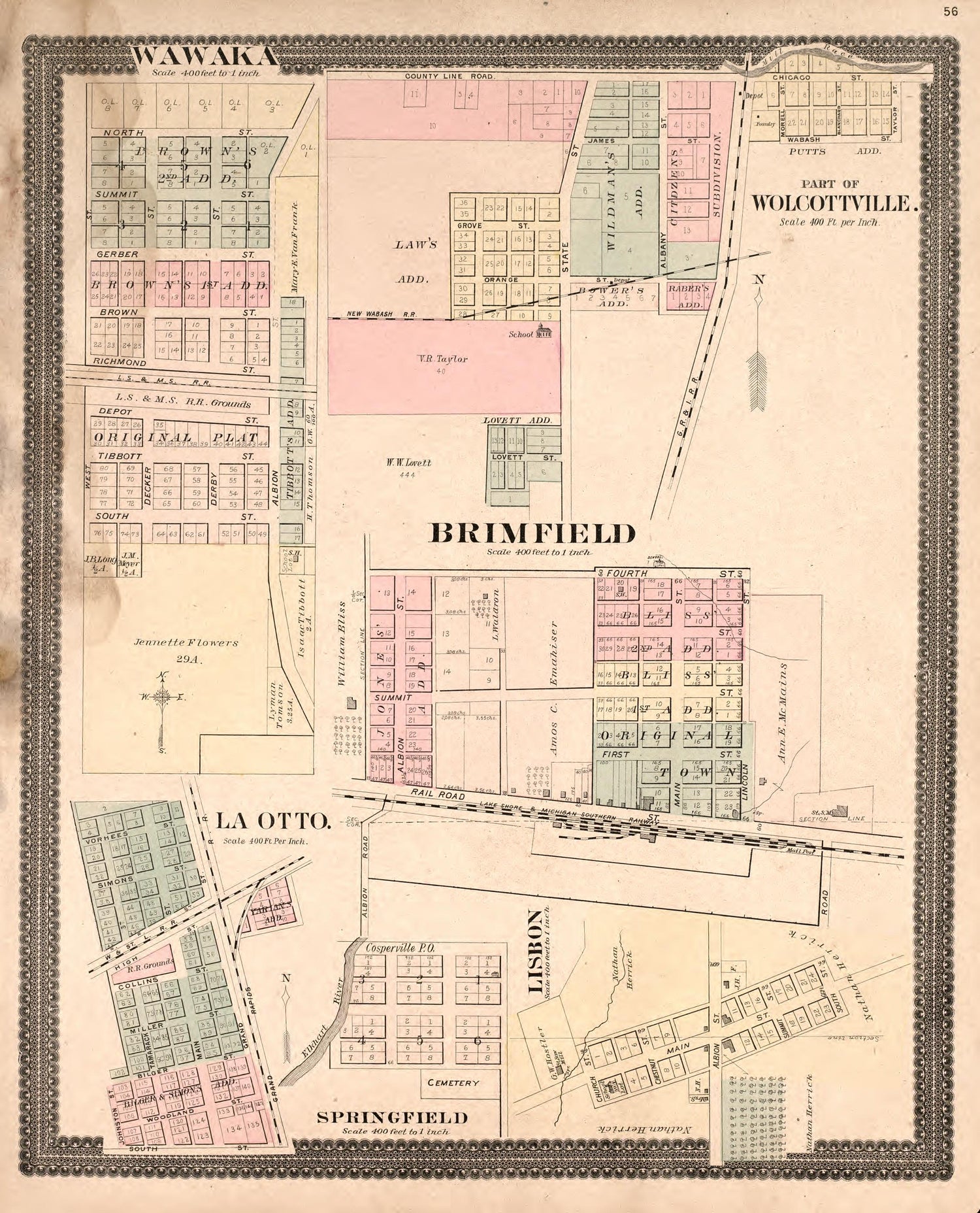 Wawaca, Wolcottville, Brimfield, La Otto, Lisbon, &amp; Springfield from Plat Book and Statistical Record of Noble County, Indiana : Containing a Brief History of the County, Townships, Cities and Larger Towns, Together With a Large Map of Indiana and Out... by Relic Map Company