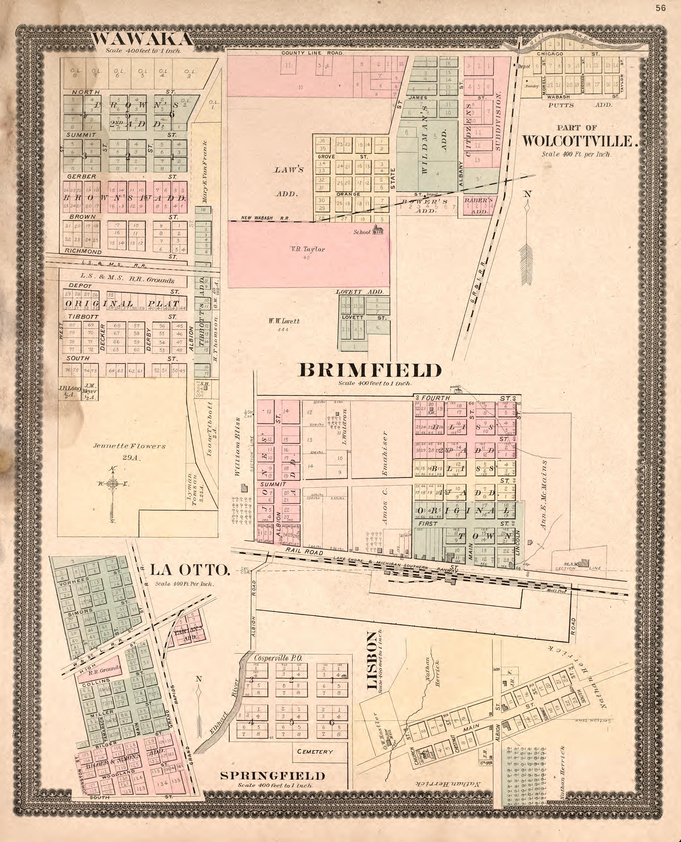 Wawaca, Wolcottville, Brimfield, La Otto, Lisbon, &amp; Springfield from Plat Book and Statistical Record of Noble County, Indiana : Containing a Brief History of the County, Townships, Cities and Larger Towns, Together With a Large Map of Indiana and Out... by Relic Map Company