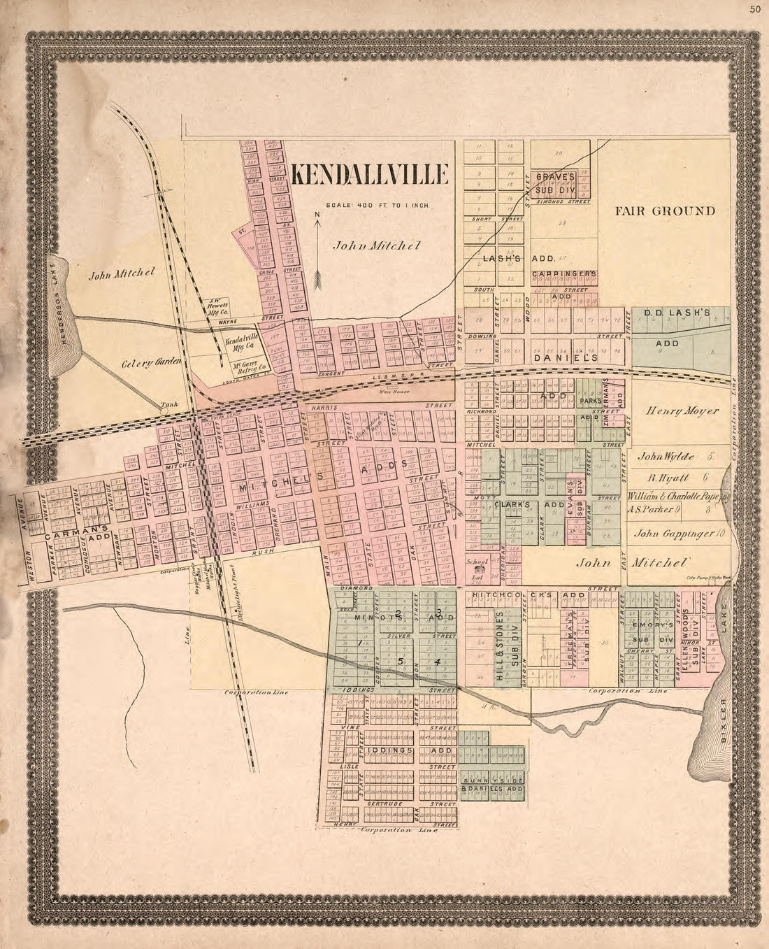 Kendallville from Plat Book and Statistical Record of Noble County, Indiana : Containing a Brief History of the County, Townships, Cities and Larger Towns, Together With a Large Map of Indiana and Outline Map … 1893 by Relic Map Company