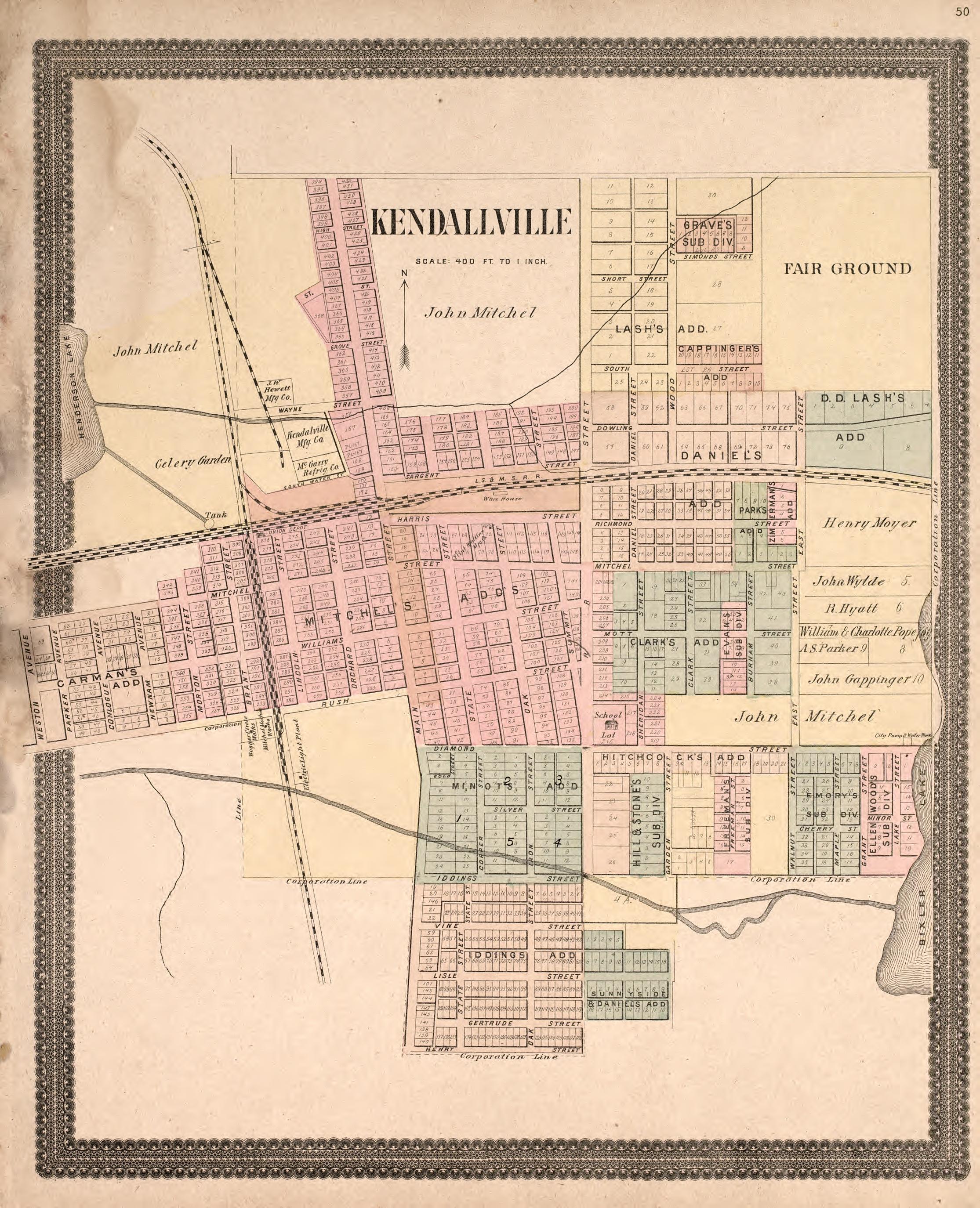 Kendallville from Plat Book and Statistical Record of Noble County, Indiana : Containing a Brief History of the County, Townships, Cities and Larger Towns, Together With a Large Map of Indiana and Outline Map … 1893 by Relic Map Company