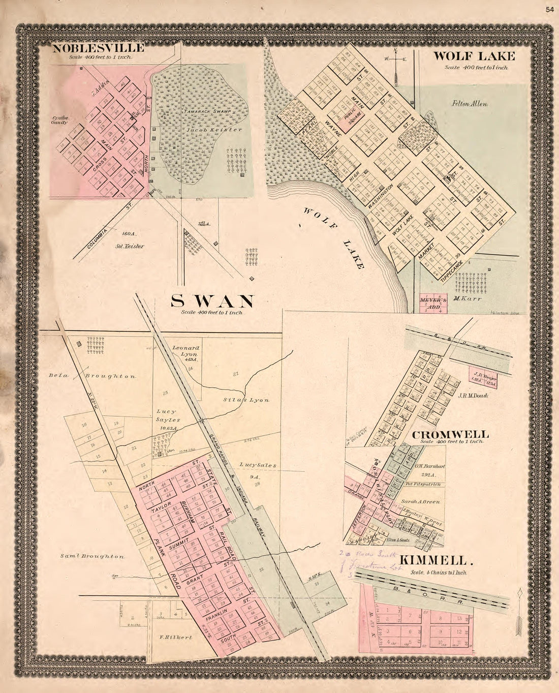 Noblesville, Wolf Lake, Swan, Cromwell, &amp; Kimmell from Plat Book and Statistical Record of Noble County, Indiana : Containing a Brief History of the County, Townships, Cities and Larger Towns, Together With a Large Map of Indiana and Outline Map … 1893 by Relic Map Company