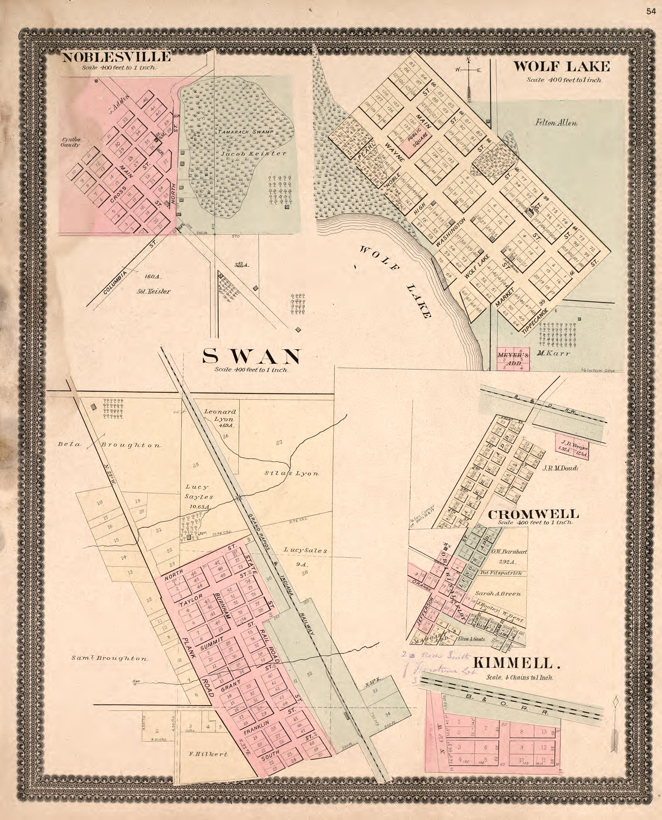 Noblesville, Wolf Lake, Swan, Cromwell, &amp; Kimmell from Plat Book and Statistical Record of Noble County, Indiana : Containing a Brief History of the County, Townships, Cities and Larger Towns, Together With a Large Map of Indiana and Outline Map … 1893 by Relic Map Company