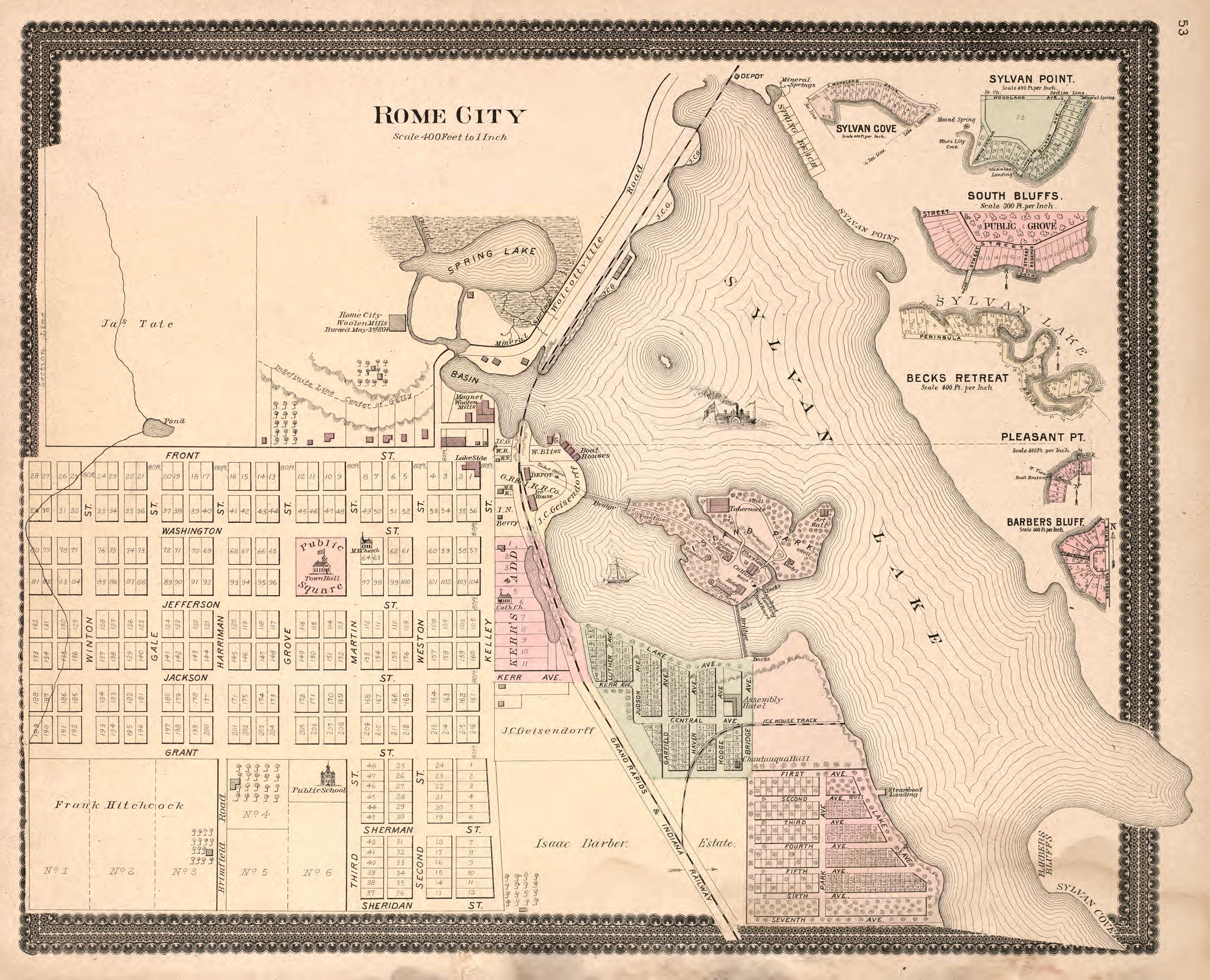 Rome City from Plat Book and Statistical Record of Noble County, Indiana : Containing a Brief History of the County, Townships, Cities and Larger Towns, Together With a Large Map of Indiana and Outline Map … 1893 by Relic Map Company