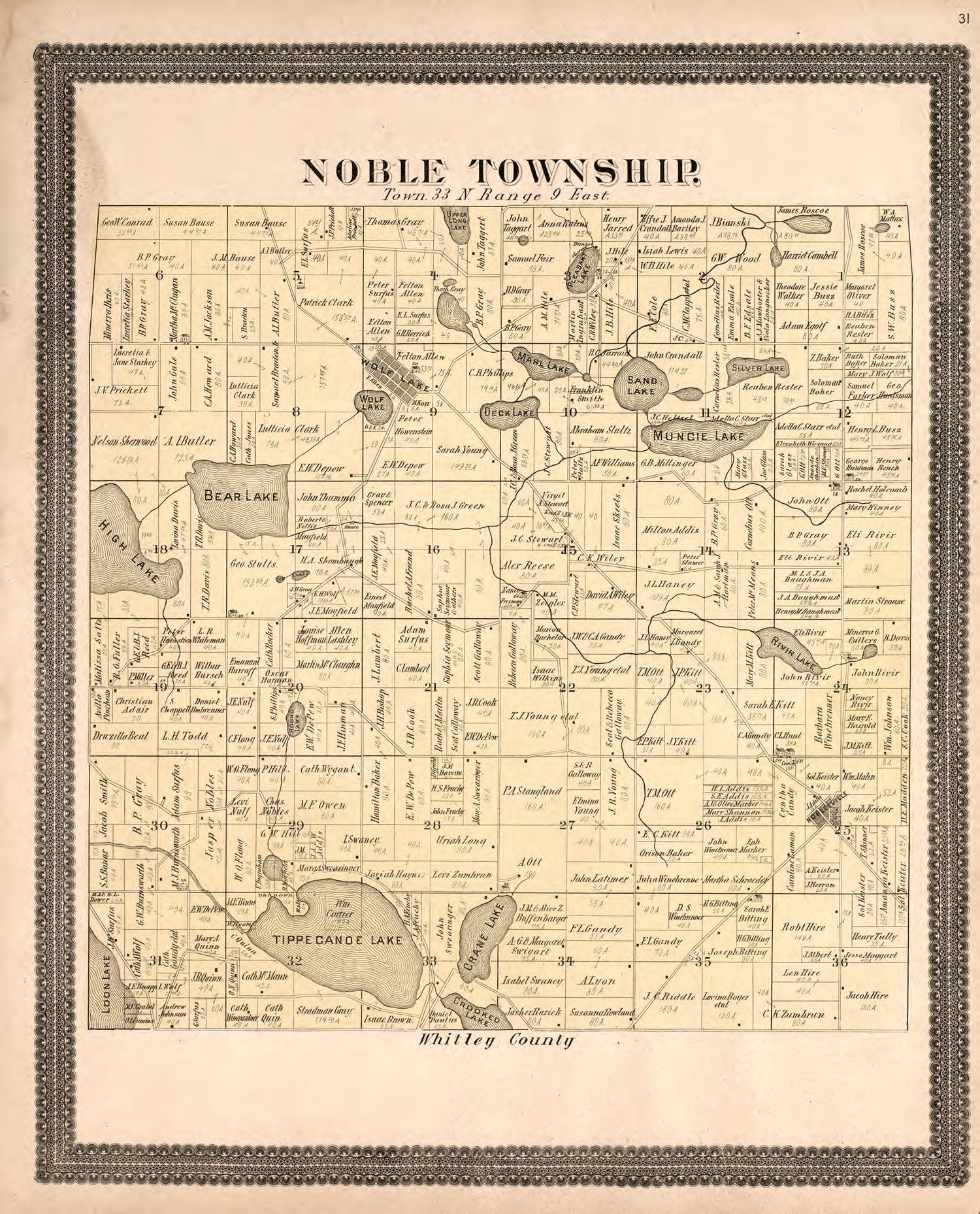 Noble Township from Plat Book and Statistical Record of Noble County, Indiana : Containing a Brief History of the County, Townships, Cities and Larger Towns, Together With a Large Map of Indiana and Outline Map … 1893 by Relic Map Company