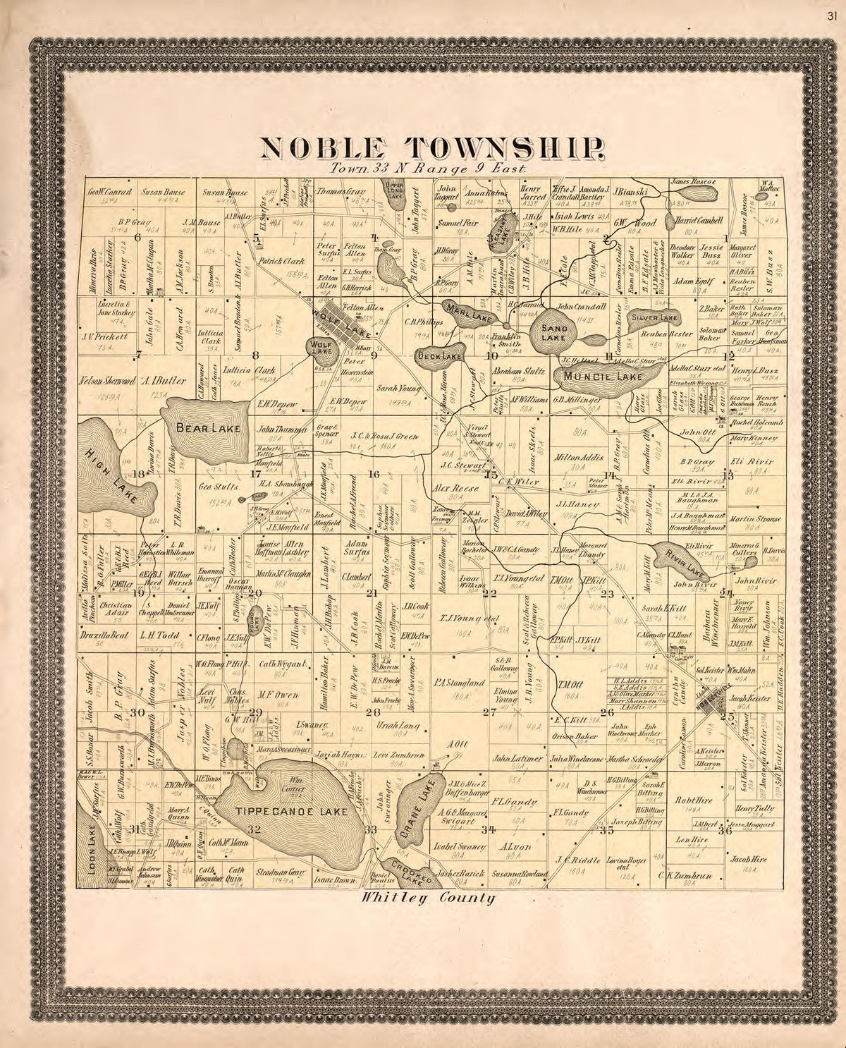Noble Township from Plat Book and Statistical Record of Noble County, Indiana : Containing a Brief History of the County, Townships, Cities and Larger Towns, Together With a Large Map of Indiana and Outline Map … 1893 by Relic Map Company