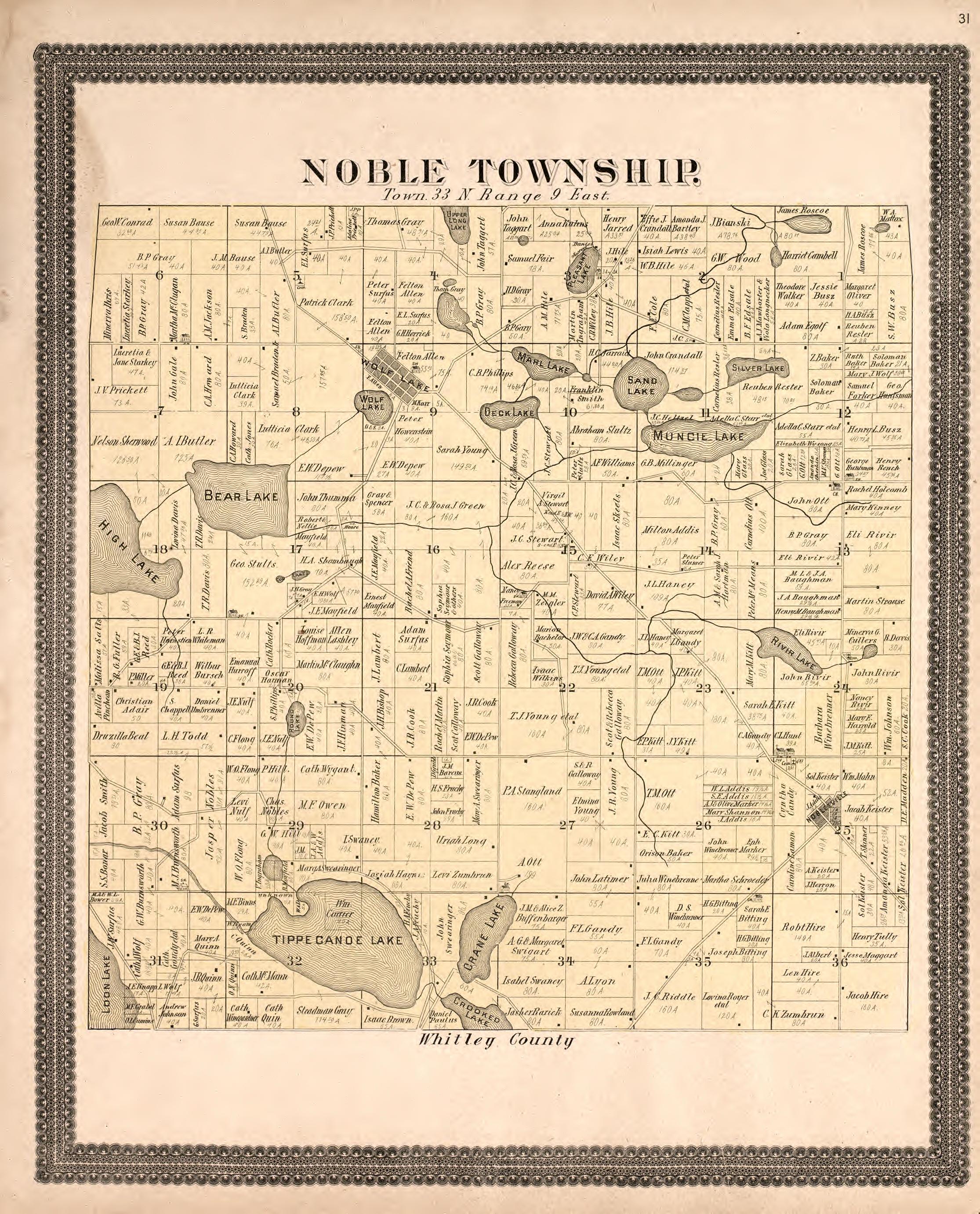 Noble Township from Plat Book and Statistical Record of Noble County, Indiana : Containing a Brief History of the County, Townships, Cities and Larger Towns, Together With a Large Map of Indiana and Outline Map … 1893 by Relic Map Company
