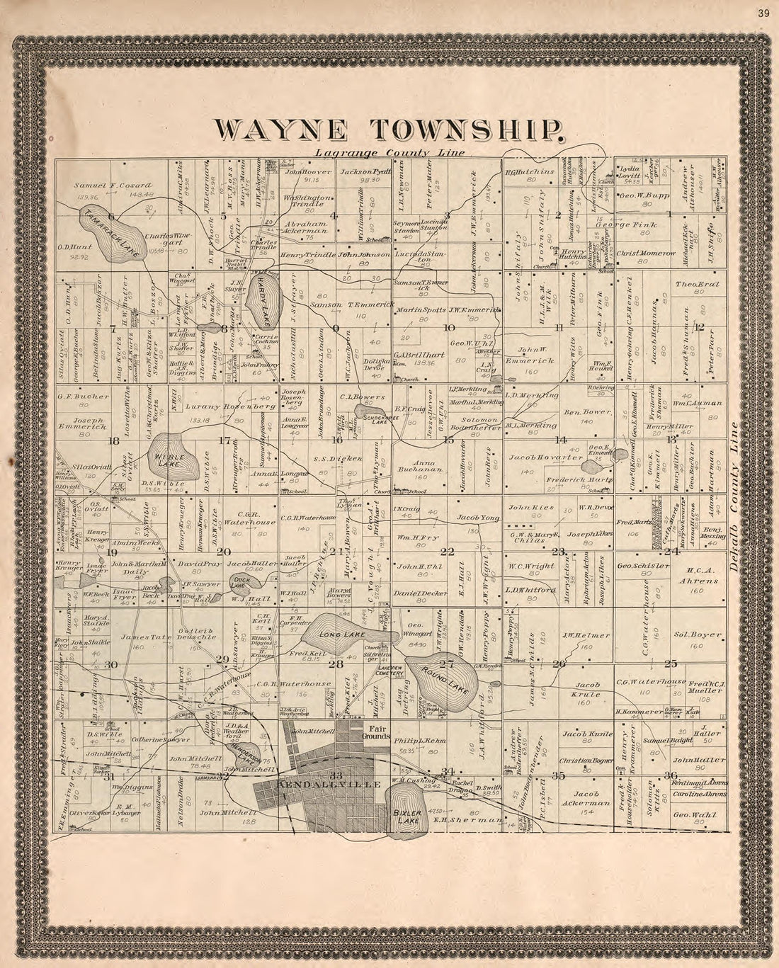 Wayne Township from Plat Book and Statistical Record of Noble County, Indiana : Containing a Brief History of the County, Townships, Cities and Larger Towns, Together With a Large Map of Indiana and Outline Map … 1893 by Relic Map Company