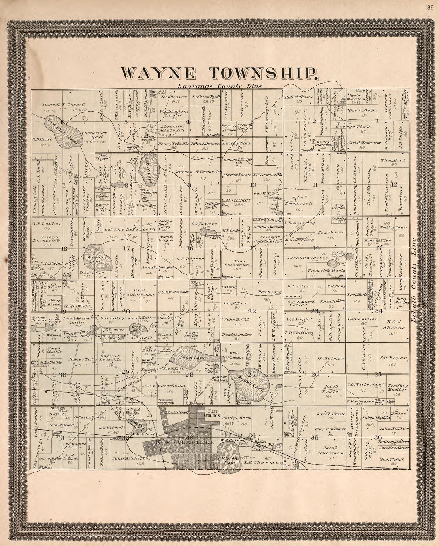 Wayne Township from Plat Book and Statistical Record of Noble County, Indiana : Containing a Brief History of the County, Townships, Cities and Larger Towns, Together With a Large Map of Indiana and Outline Map … 1893 by Relic Map Company