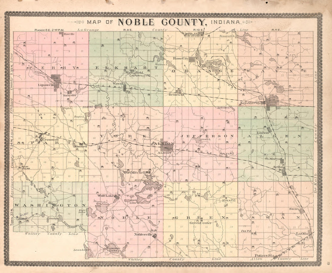 Noble County, Indiana from Plat Book and Statistical Record of Noble County, Indiana : Containing a Brief History of the County, Townships, Cities and Larger Towns, Together With a Large Map of Indiana and Outline Map … 1893 by Relic Map Company