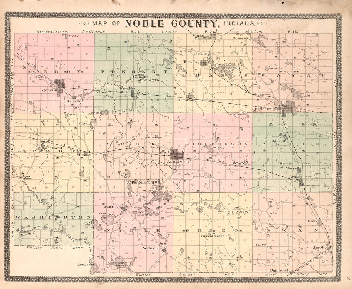 Noble County, Indiana from Plat Book and Statistical Record of Noble County, Indiana : Containing a Brief History of the County, Townships, Cities and Larger Towns, Together With a Large Map of Indiana and Outline Map … 1893 by Relic Map Company