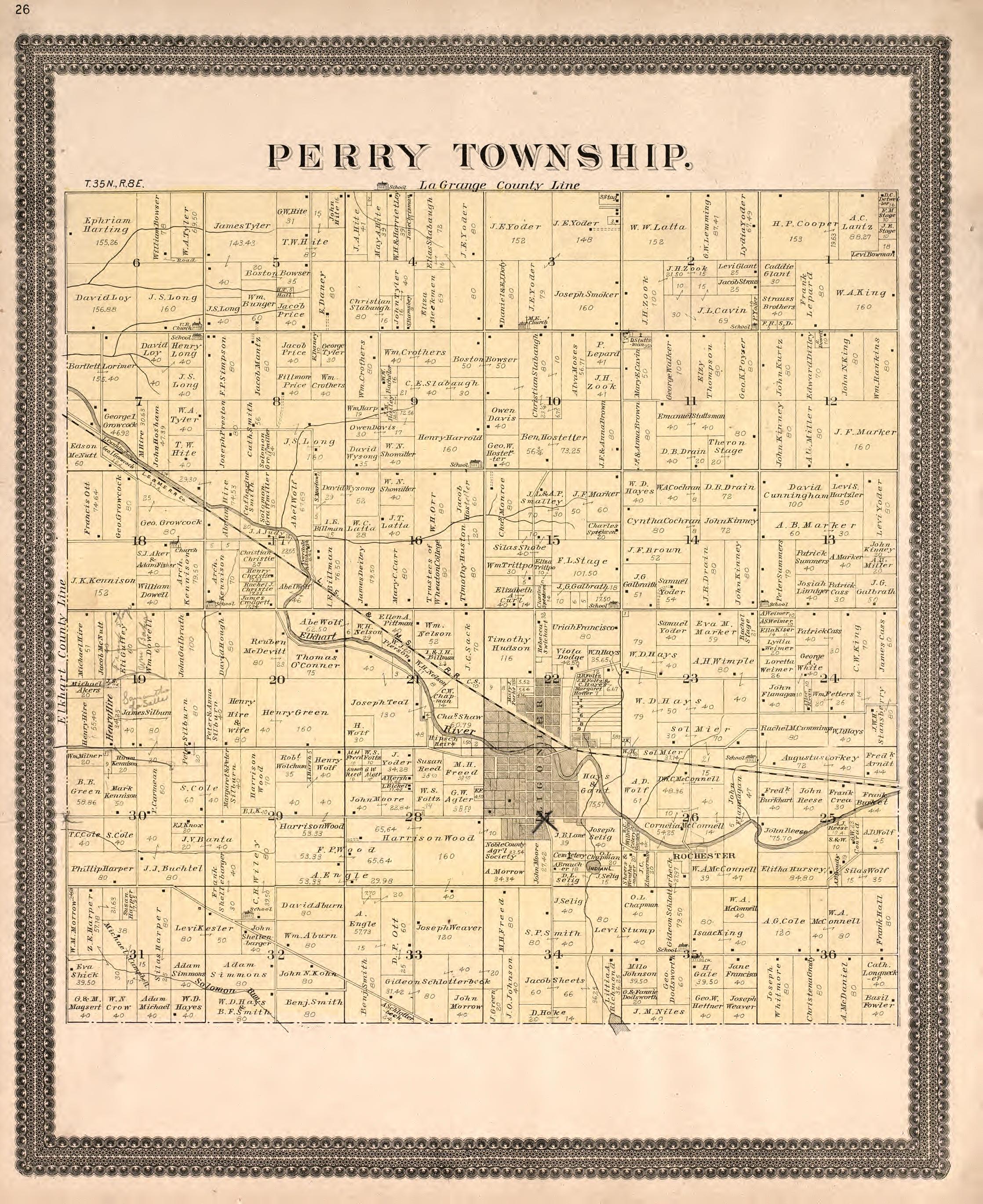 Perry Township from Plat Book and Statistical Record of Noble County, Indiana : Containing a Brief History of the County, Townships, Cities and Larger Towns, Together With a Large Map of Indiana and Outline Map … 1893 by Relic Map Company