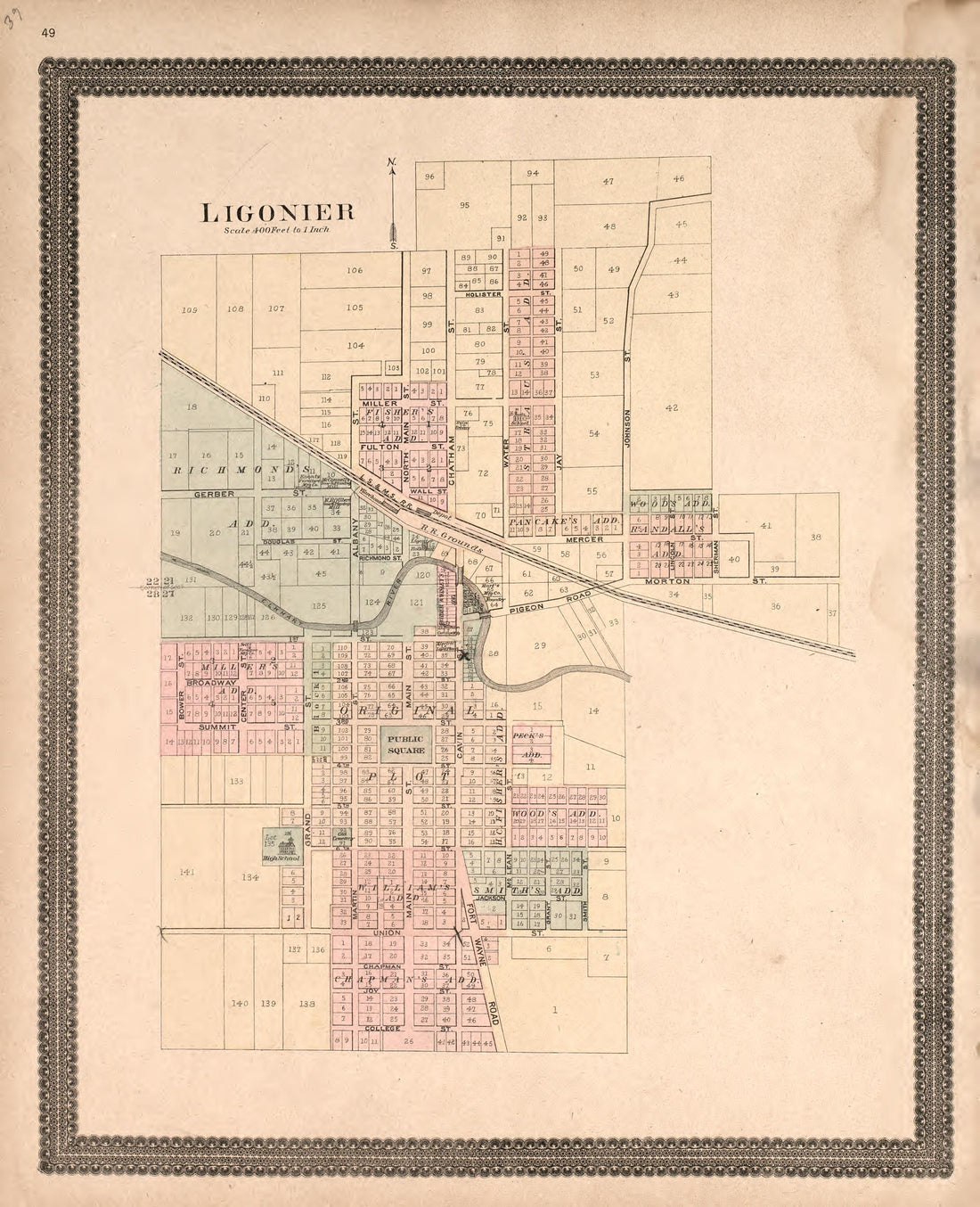 Ligonier from Plat Book and Statistical Record of Noble County, Indiana : Containing a Brief History of the County, Townships, Cities and Larger Towns, Together With a Large Map of Indiana and Outline Map … 1893 by Relic Map Company