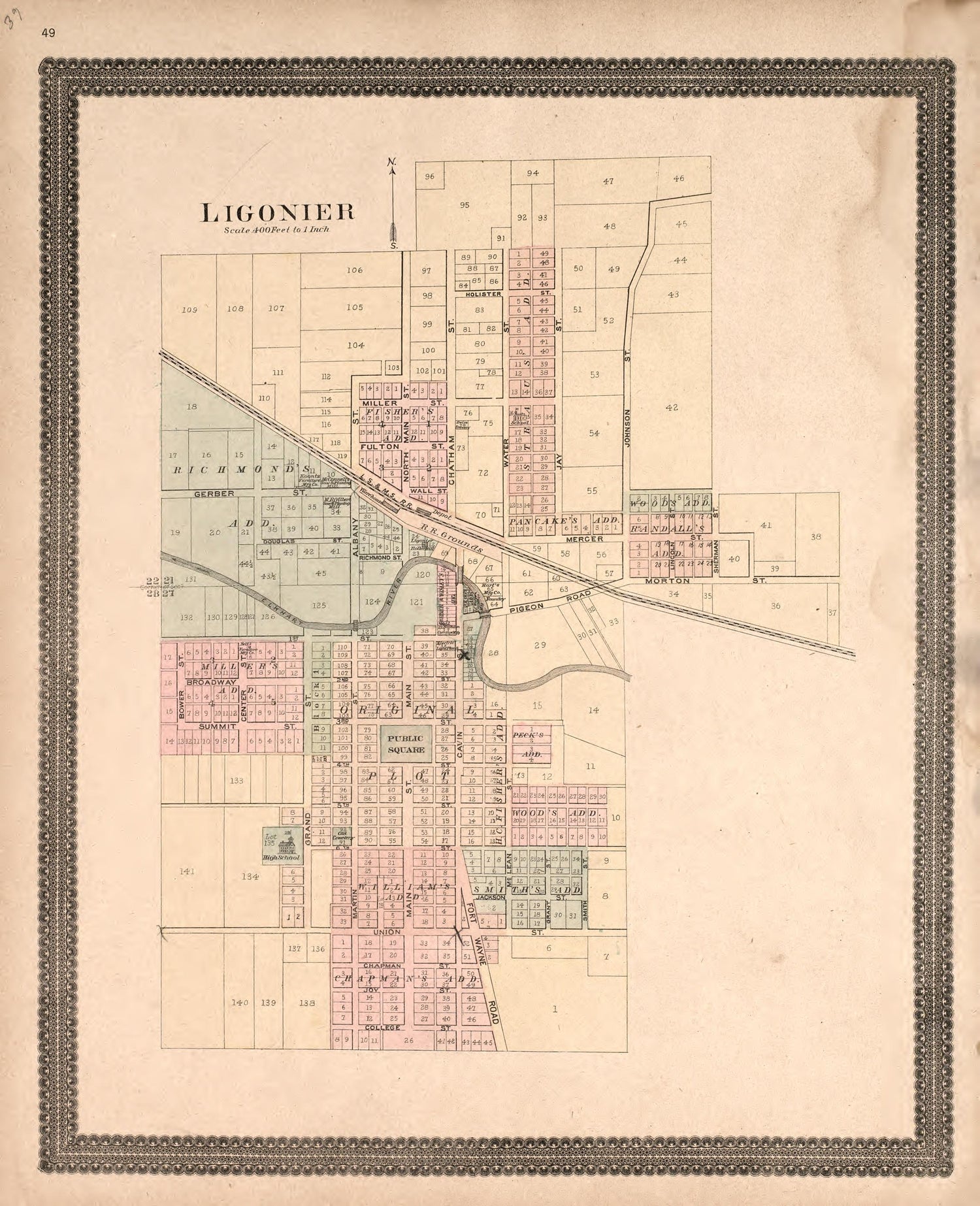 Ligonier from Plat Book and Statistical Record of Noble County, Indiana : Containing a Brief History of the County, Townships, Cities and Larger Towns, Together With a Large Map of Indiana and Outline Map … 1893 by Relic Map Company