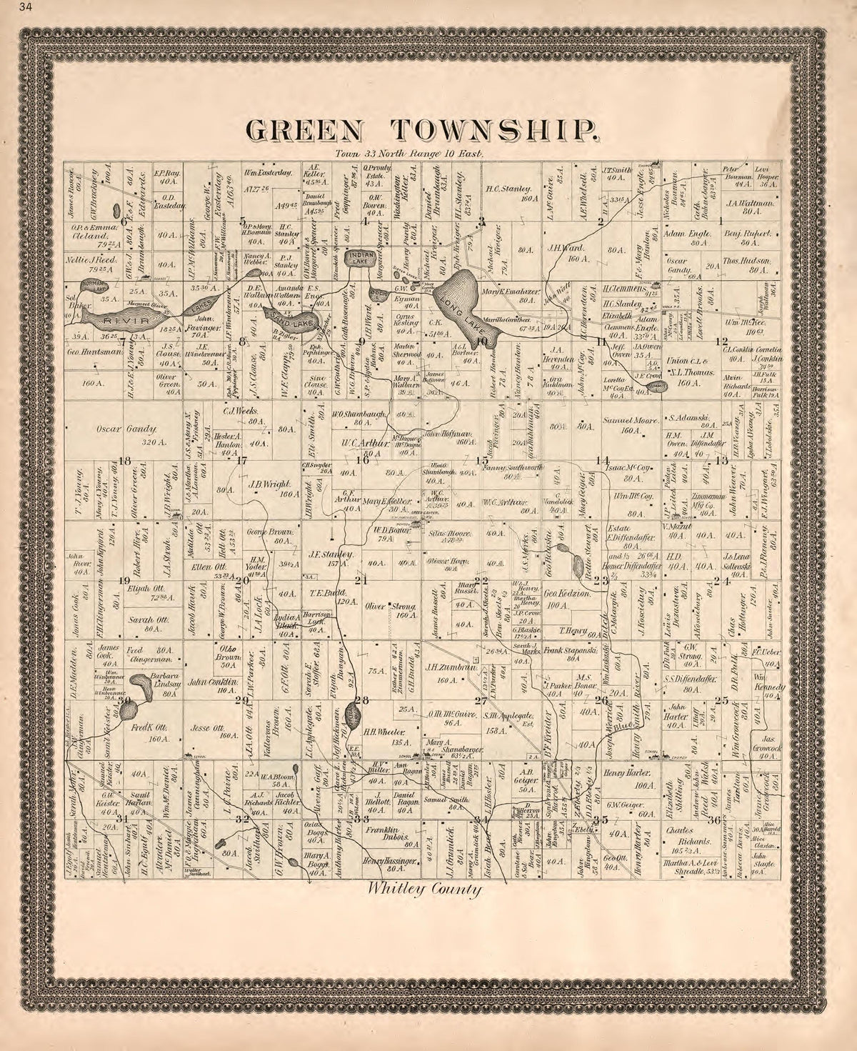 Green Township from Plat Book and Statistical Record of Noble County, Indiana : Containing a Brief History of the County, Townships, Cities and Larger Towns, Together With a Large Map of Indiana and Outline Map … 1893 by Relic Map Company