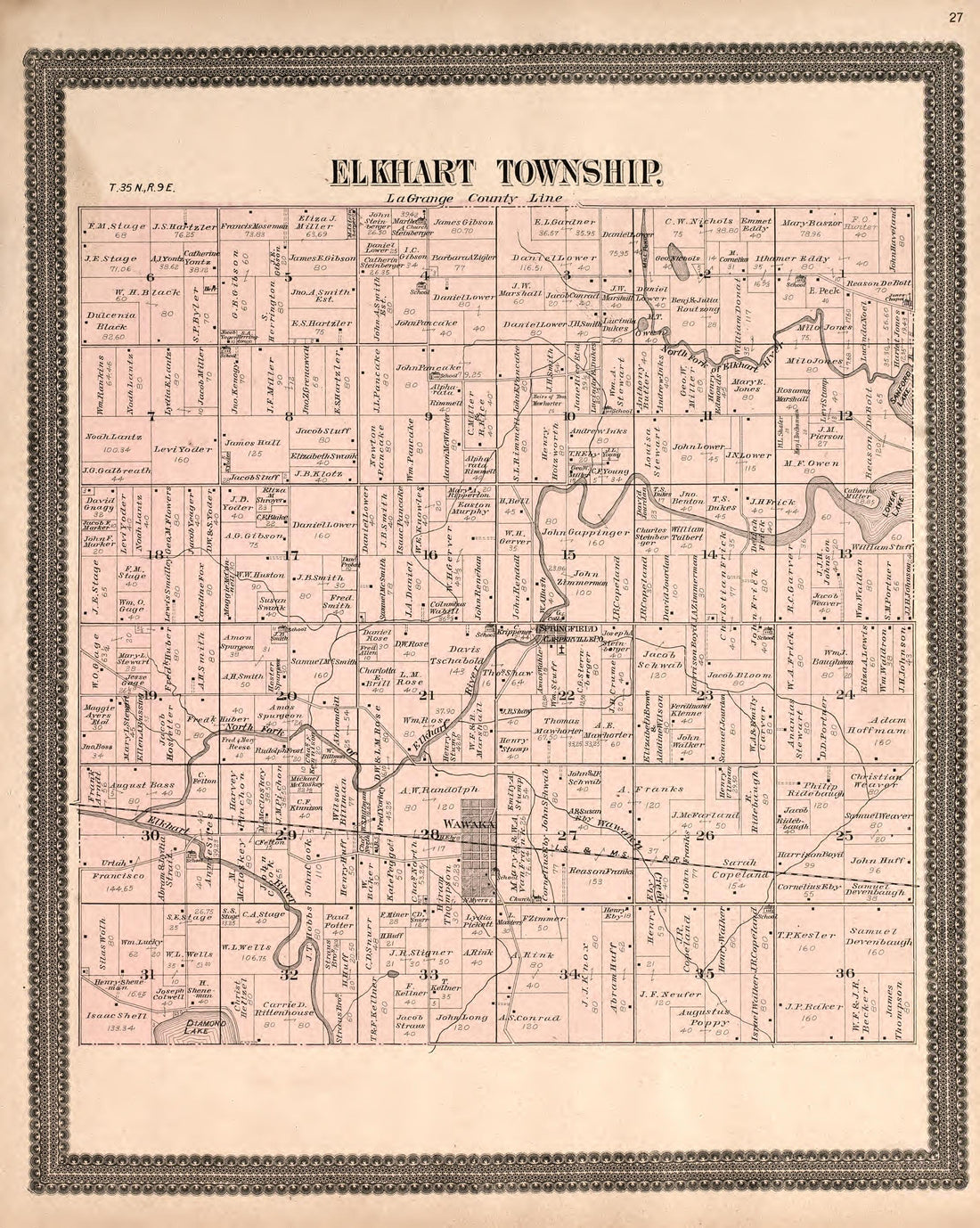 This old map of Indiana, Noble County,  was created by Morrow, O. (Oliver) in 1893