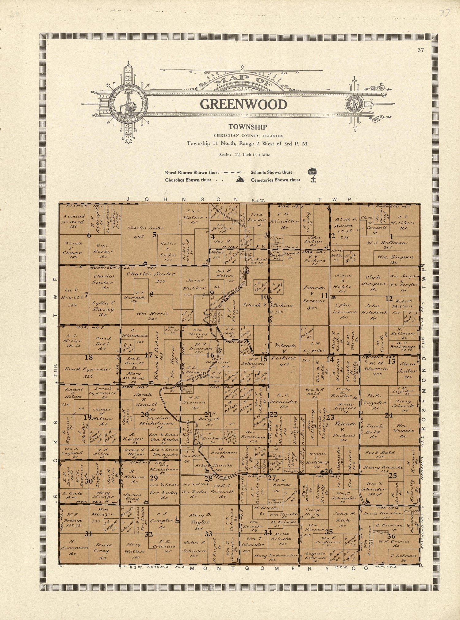 This old map of Christian County, Illinois,  was created by Kenyon Company (Des Moines, Iowa) in 1924
