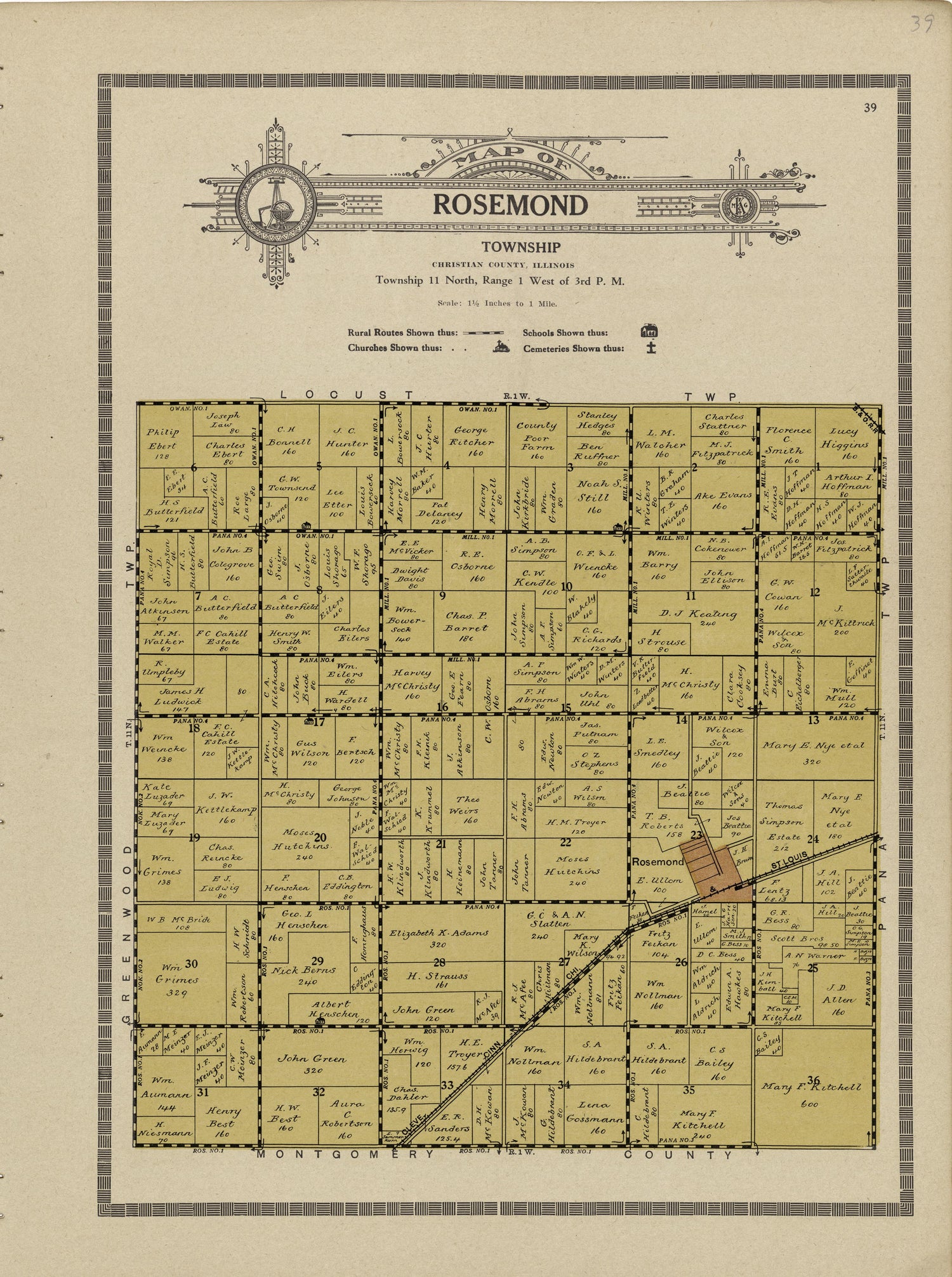 Map of Rosemond Township from Plat Book and Complete Survey of Christian County, Illinois : Containing Plats of All Townships With Owners&