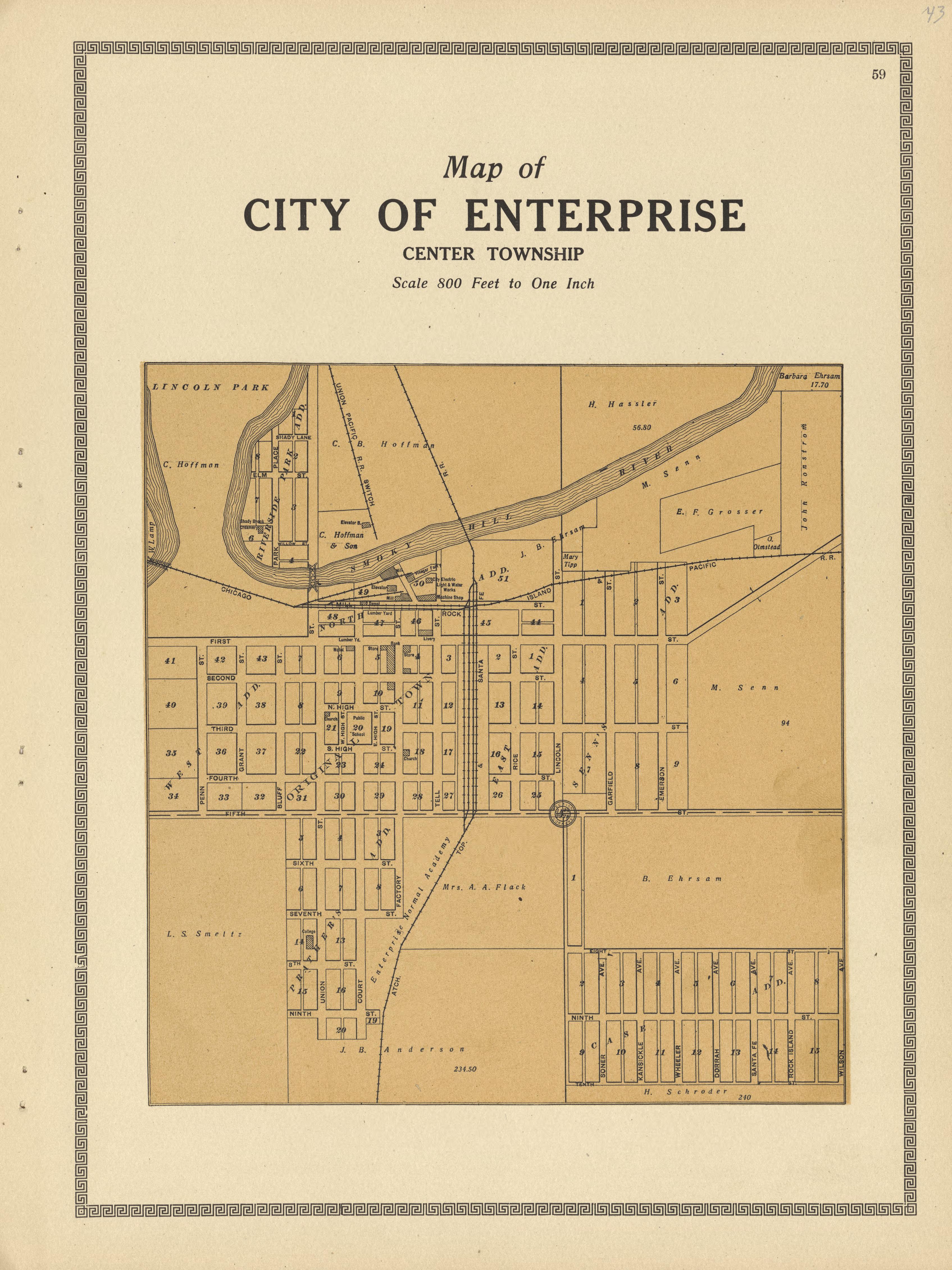 City of Enterprise from Plat Book and Complete Survey of Dickinson County, Kansas : Containing Plats of Townships and Incorporated Towns, Also Maps of the State, United States and World, With an Outline Map of Dickinson … 1909 by Relic Map Company