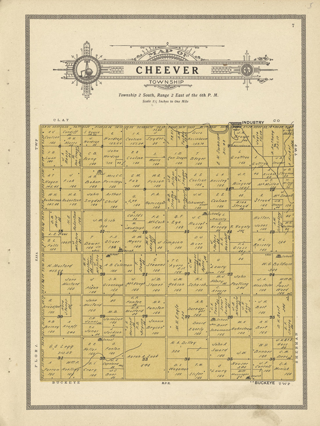 Cheever Township from Plat Book and Complete Survey of Dickinson County, Kansas : Containing Plats of Townships and Incorporated Towns, Also Maps of the State, United States and World, With an Outline Map of Dickinson … 1909 by Relic Map Company