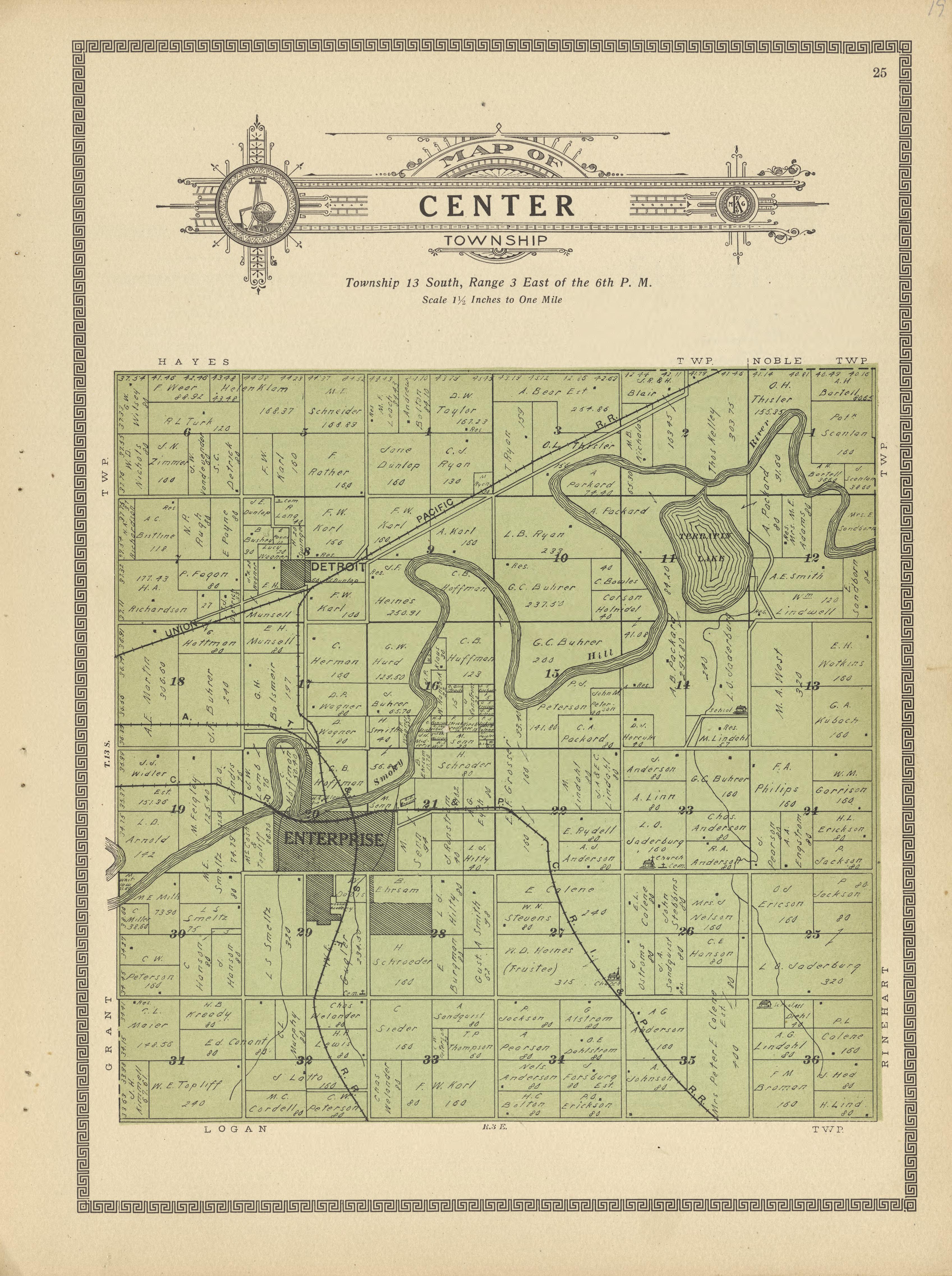 Center Township from Plat Book and Complete Survey of Dickinson County, Kansas : Containing Plats of Townships and Incorporated Towns, Also Maps of the State, United States and World, With an Outline Map of Dickinson … 1909 by Relic Map Company